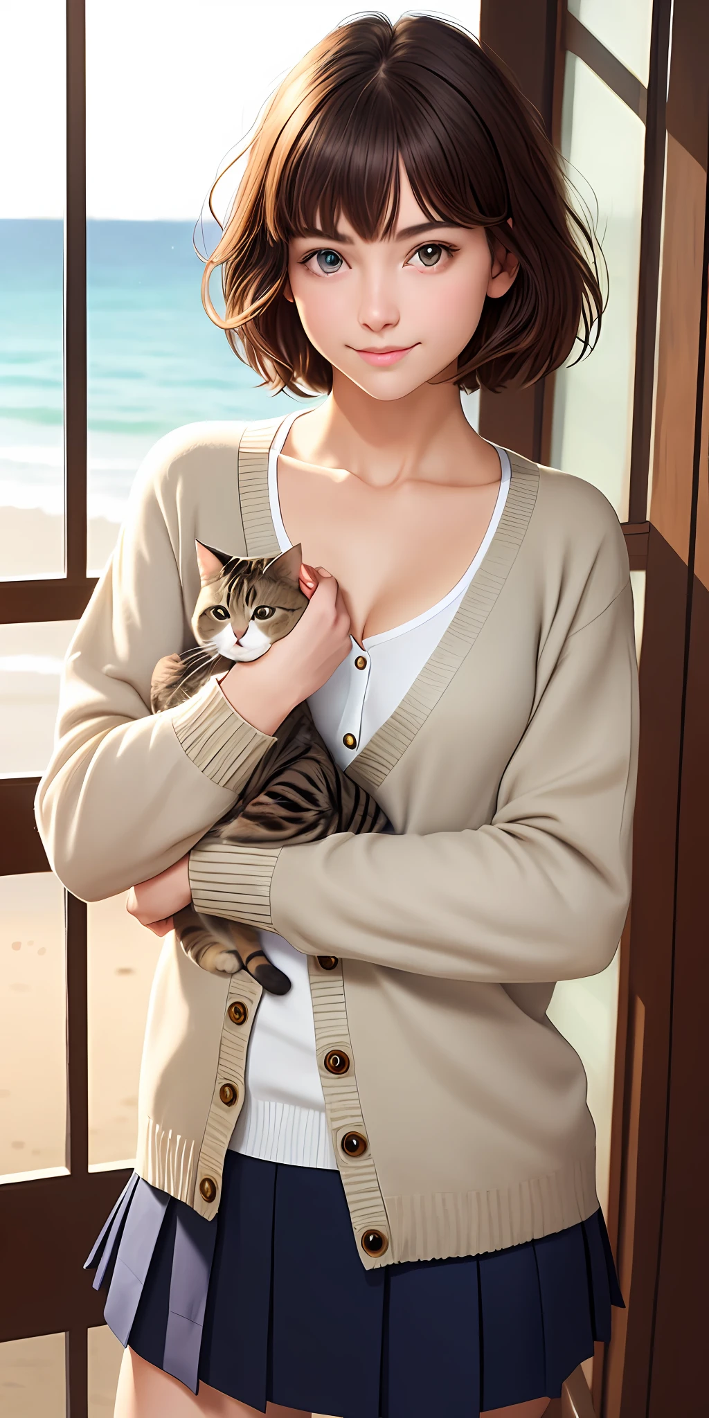 ((Holding a beautiful cat with strange eyes))(8K, Best Quality, masutepiece:1.2), (Realistic, Photorealsitic:1.37), Best Quality, masutepiece, Unity, extremely delicate and beautiful, Extremely detailed, amazing, finely detail, masutepiece, Best Quality, Official art, absurderes, unbelievable Ridiculous, huge filesize, Ultra-detailed, hight resolution, Extremely detailed, Beautiful detailed girl, extremely detailed eye and face, Beautiful detailed eyes, Light on Face, depth of fields, Dark hair, Asymmetric van, Short hair, Bang, Windy, Floating hair, (Closed mouth), Smile, School Girl, Full body, Detailed face, ocean, (flat chest:1.3), (Cardigan), nabel, , Sunshine,look at viewr,Detailed eyes, , open buttons,
