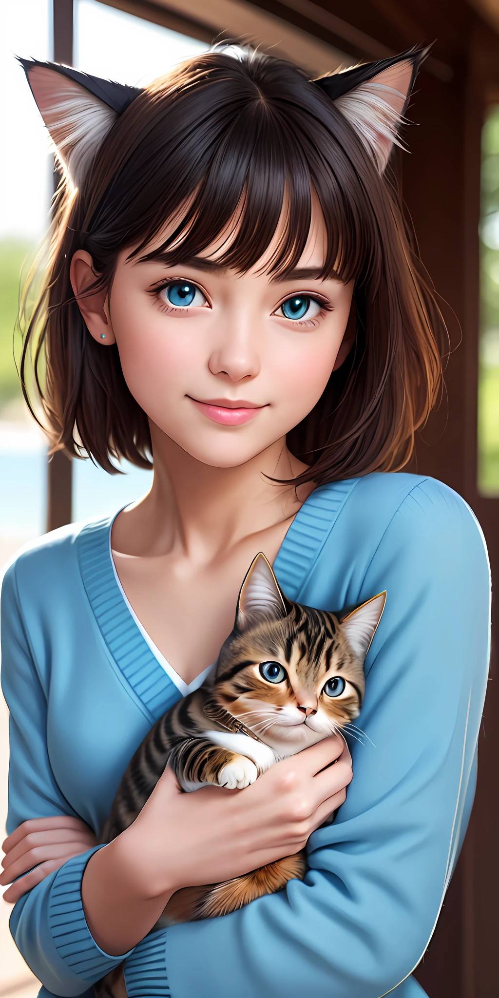 ((Holding a beautiful cat with strange eyes))(8K, Best Quality, masutepiece:1.2), (Realistic, Photorealsitic:1.37), Best Quality, masutepiece, Unity, extremely delicate and beautiful, Extremely detailed, amazing, finely detail, masutepiece, Best Quality, Official art, absurderes, unbelievable Ridiculous, huge filesize, Ultra-detailed, hight resolution, Extremely detailed, Beautiful detailed girl, extremely detailed eye and face, Beautiful detailed eyes, Light on Face, depth of fields, Dark hair, Asymmetric van, Short hair, Bang, Windy, Floating hair, (Closed mouth), Smile, School Girl, Full body, Detailed face, ocean, (flat chest:1.3), (Cardigan), nabel, , Sunshine,look at viewr,Detailed eyes, , open buttons,