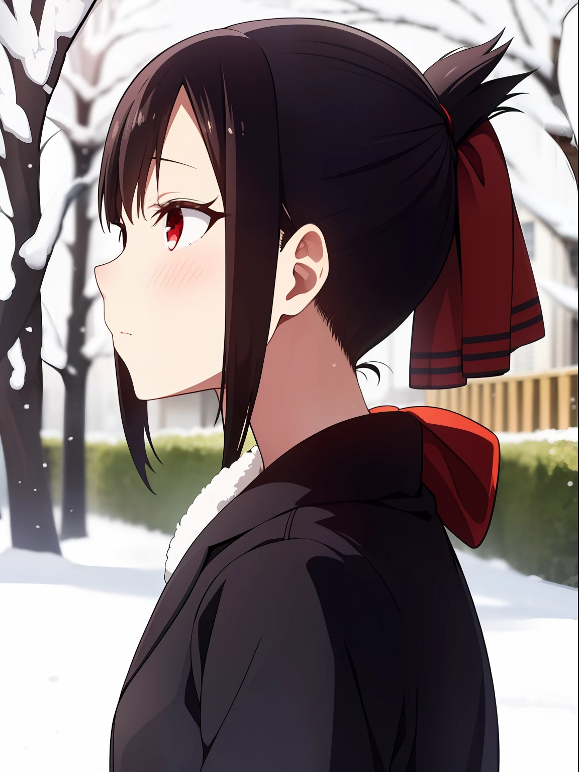 1girl, Shinomiya Kaguya, folded ponytail, winter, snow, cold clothes