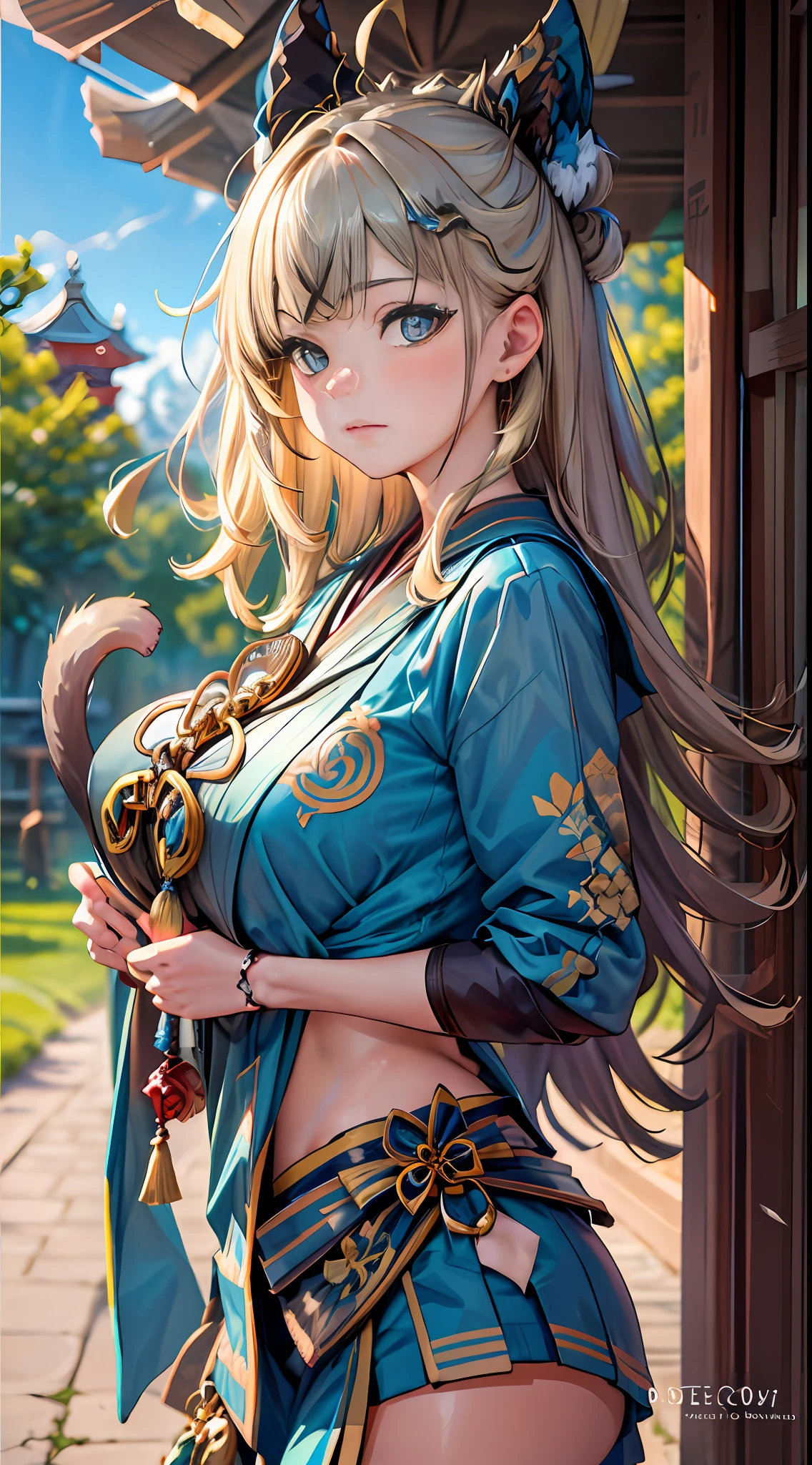 (NSTDA.:1.2), (10, beste-Qualit, master-piece: 1.4), ultra-high resolution, (lifelike, photorealistic portrait: 1.48), 25 years old, Cute Girl, Famous Japanese actors, gigantic breasts, Blue Eyes, Head tilt, cowboy shot, from the front,Love cat tails., looking at the audience, expressionless, Beautiful lake, f said, : 150mm/ 2.8 Hahlblad, In Japanese shrines, Whole body, foot, Ultra-Wide Angle