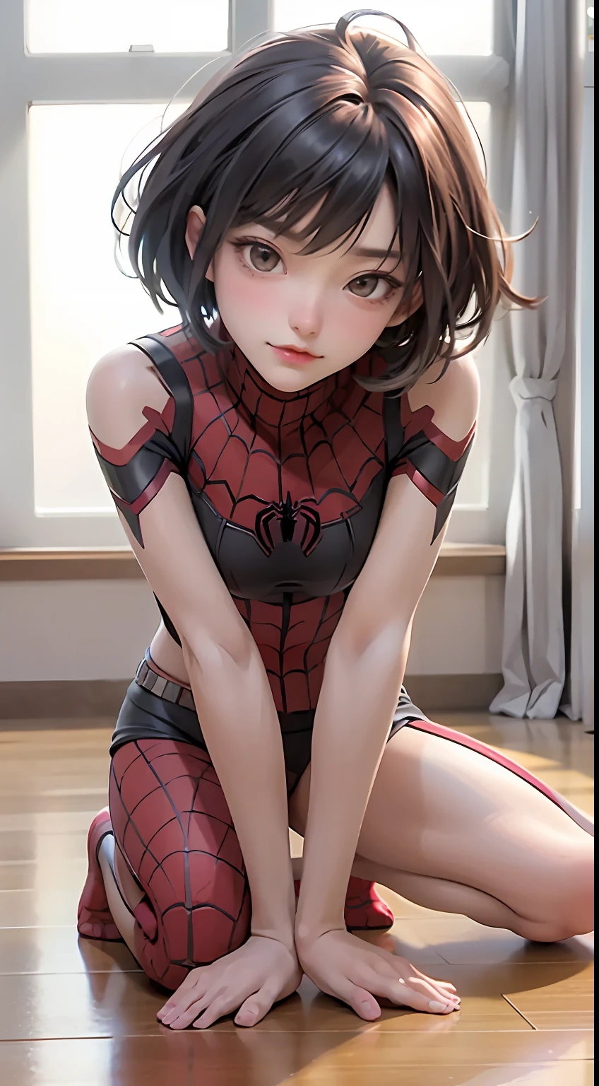 ((best qualtiy)), ((tmasterpiece)),((Realistis)),(A detailed)(fully body photo:1.5),Look from the bottom up,1girll,shyexpression,The upper body is dressed in Spider-Man's clothes,The Spider-Man logo on the chest,Spider-Man cosplay,cabellos largos dorados,spiderman outfit,Detailed spider silhouette body with Spider-Man roleplay,perfect bodies,On the chest is the obvious Spider-Man logo,The lower body is a JK uniform,Yoga pants for,shorter pants,short skirt,white stockings,dynamicposes,Classic action of Spider Line Hero,Dynamic shots,No shoes,Barefoot,Jade foot ,Toes,Broken stockings,at supermarket,There are a lot of mech toys on the shelves,droid,Small toys for children,Very long legs,brightly,cheerfulness,intriguing,gentlesoftlighting,,scientific fiction,hdr, Ray traching, NVIDIA RTX, Hyper-Resolution, Unreal 5, sub surface scattering, PBR textures, Post-processing, Anisotropic filtering, depth of fields, Maximum clarity and sharpness,8K original,(Luminous Particle:1.4),(VerydetailedCG,Unity 8k壁纸,,cinmatic lighting,lens flare glow),Reflectors,Sharp focus,Cyberpunk art of a,
