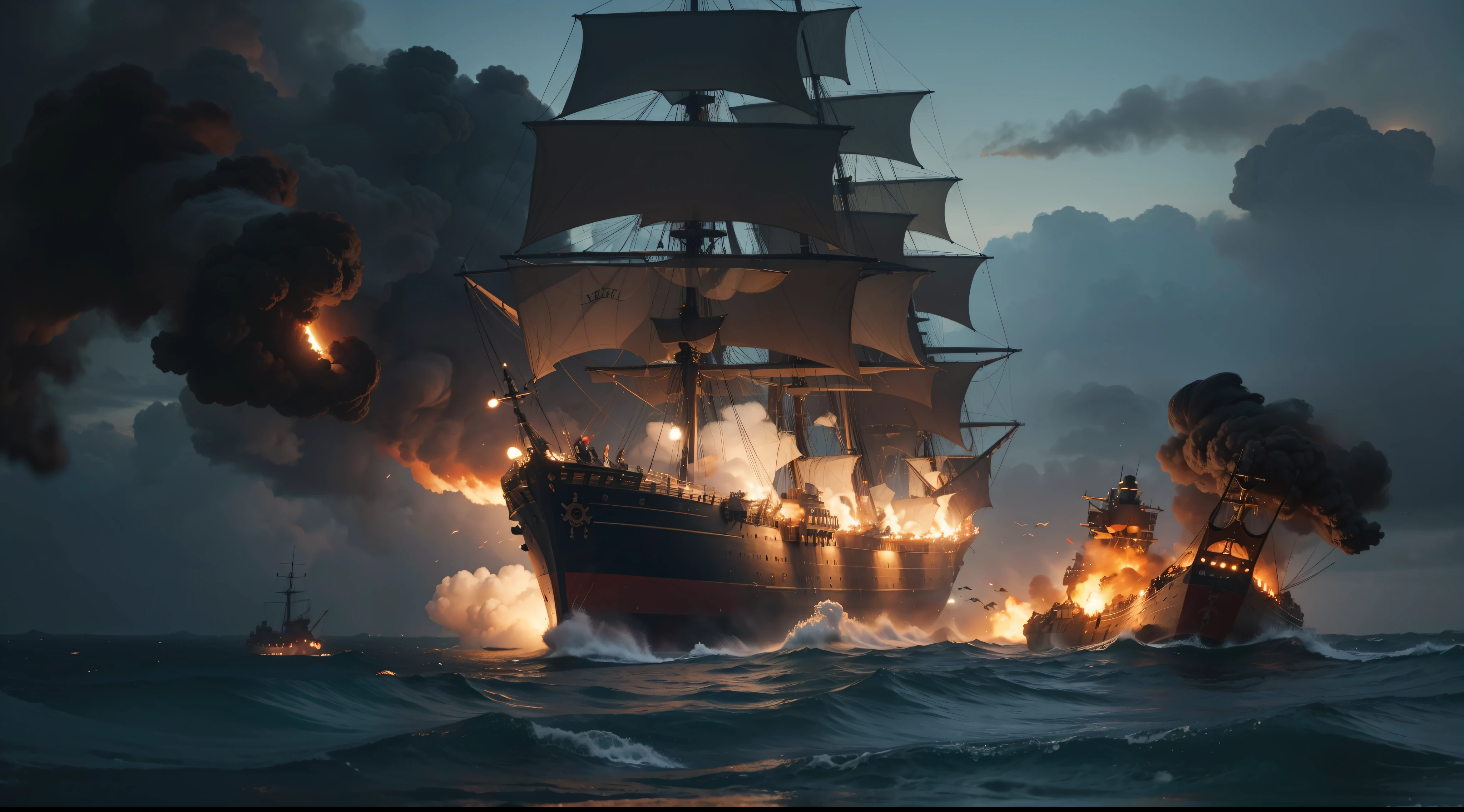 18th century Battle of ships in the ocean. Ships vs. Ships. fire. Smoke. Explosions. Fires. Ships sink. Hell Fight. death. Ships go under water. fire. Red Sun. The floor of the ship in the water. The ship sank, Only the nose sticks out. Shipwrecks float in the water. (beste-Qualit, 8K, tmasterpiece:1.3)