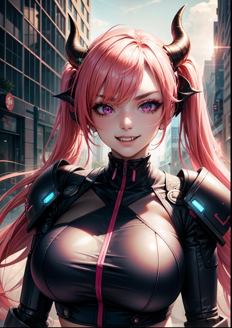 4k, twin tails ,Lens flare, pink hair ,mascara, eyeliner, god rays, 4k, 8k, best quality, masterpiece, hyper detailed, intricate detail, 1girl, solo, detailed, Detailed fuschia hair ++, detailed pink eyes ++, raytracing, perfect shadow, highres, enhanced eyes, huge breasts, horns, evil grin, narrow eyebrows, seductive, fangs, hyper detailed, interesting background, , detailed face, detailed clothing. volumptuous, colourful background, futuristic setting, ai, cyberwear, robot, in the city,