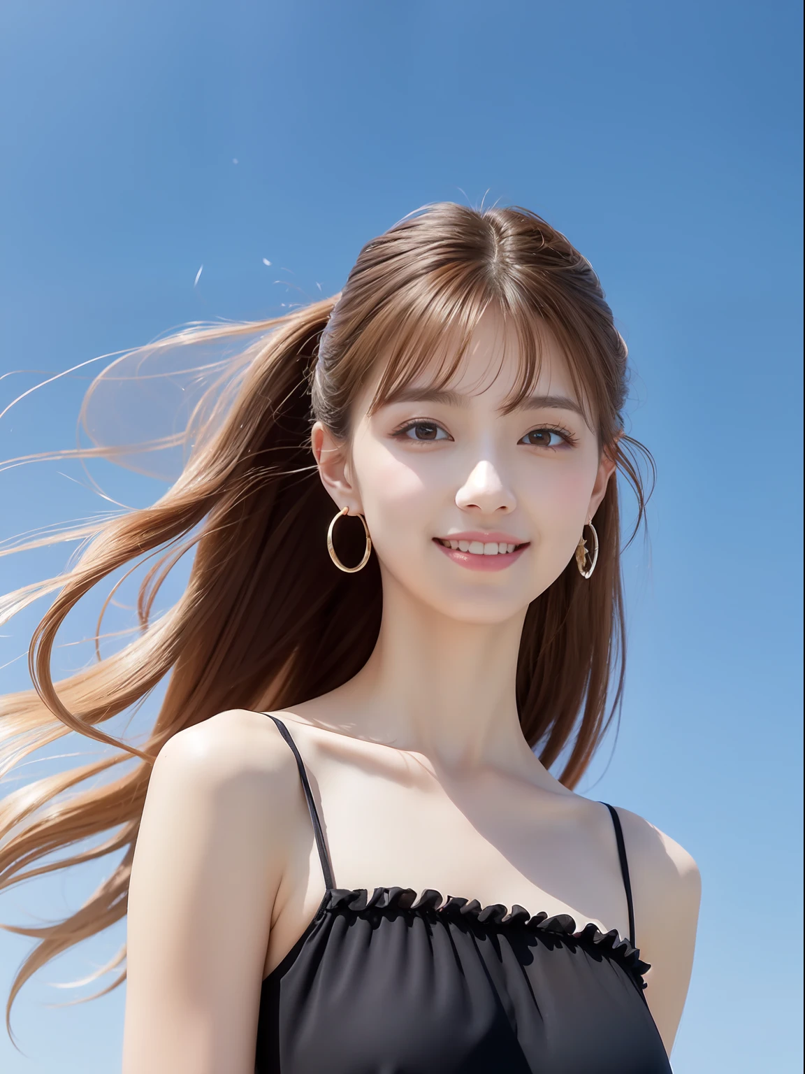 there is an ancient palace next to the girl,An extremely delicate and beautiful girl,realisticlying,unbelievable Ridiculous,abstract artistic,From hips to shoulders,Catch,Extremely detailed body,woman,年轻,20yr old,Very long hair,Floating hair,Light brown hair,two tone color hair,Beautiful fine hair,exquisite and beautiful face,light smile,Clear eyes,parted_Lips, Black colored eyes,Neck_ribbon,Pink transparent frills_dress,Black bikini,Floating palace,beautiful and clear background,beautiful sky,full bloom,very precise detail,absurderes,extremely CG,