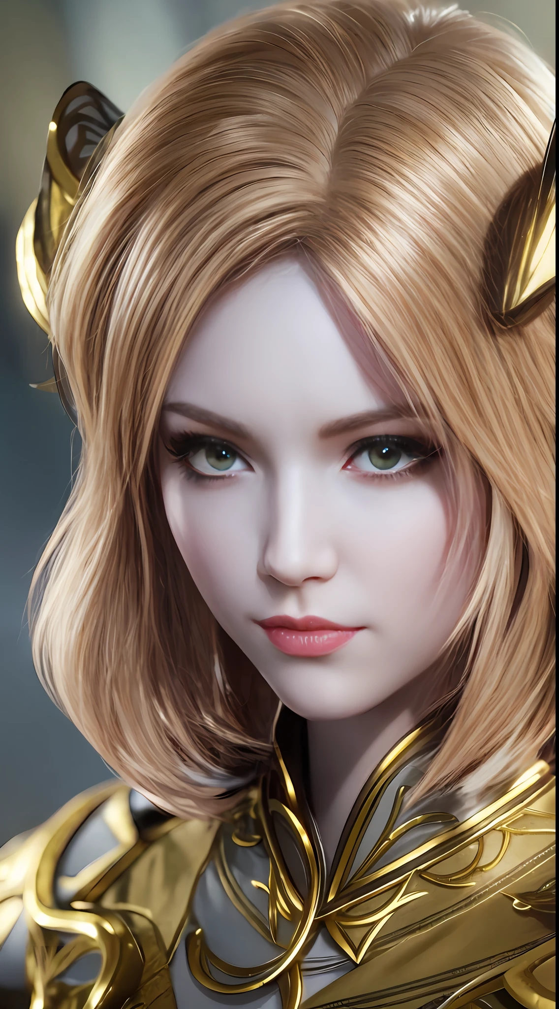 （avatar close up：1.4），An anatomically correct woman，simple backgound，Short blonde ear-length hair，head gear，cloaks，with brown eye，exquisite facial features，Gold and silver uniforms，In the daytime，standing on your feet，looking at the screen，The best quality，tmasterpiece，ultra-clear