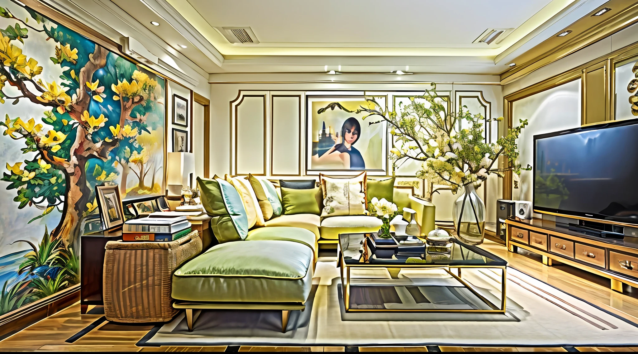 living room interior design, Vintage decorative style, Floor-to-ceiling landscape painting, sofe, dining table, Wall-mounted TV, Camellia bonsai, Koi fish tank, refrigerator, Background wall,Luxury home theater,Photo, romanticism lain, Ray tracing, first person perspective, Sony FE GM, hyper HD, Masterpiece, Super detail, High details, 8K