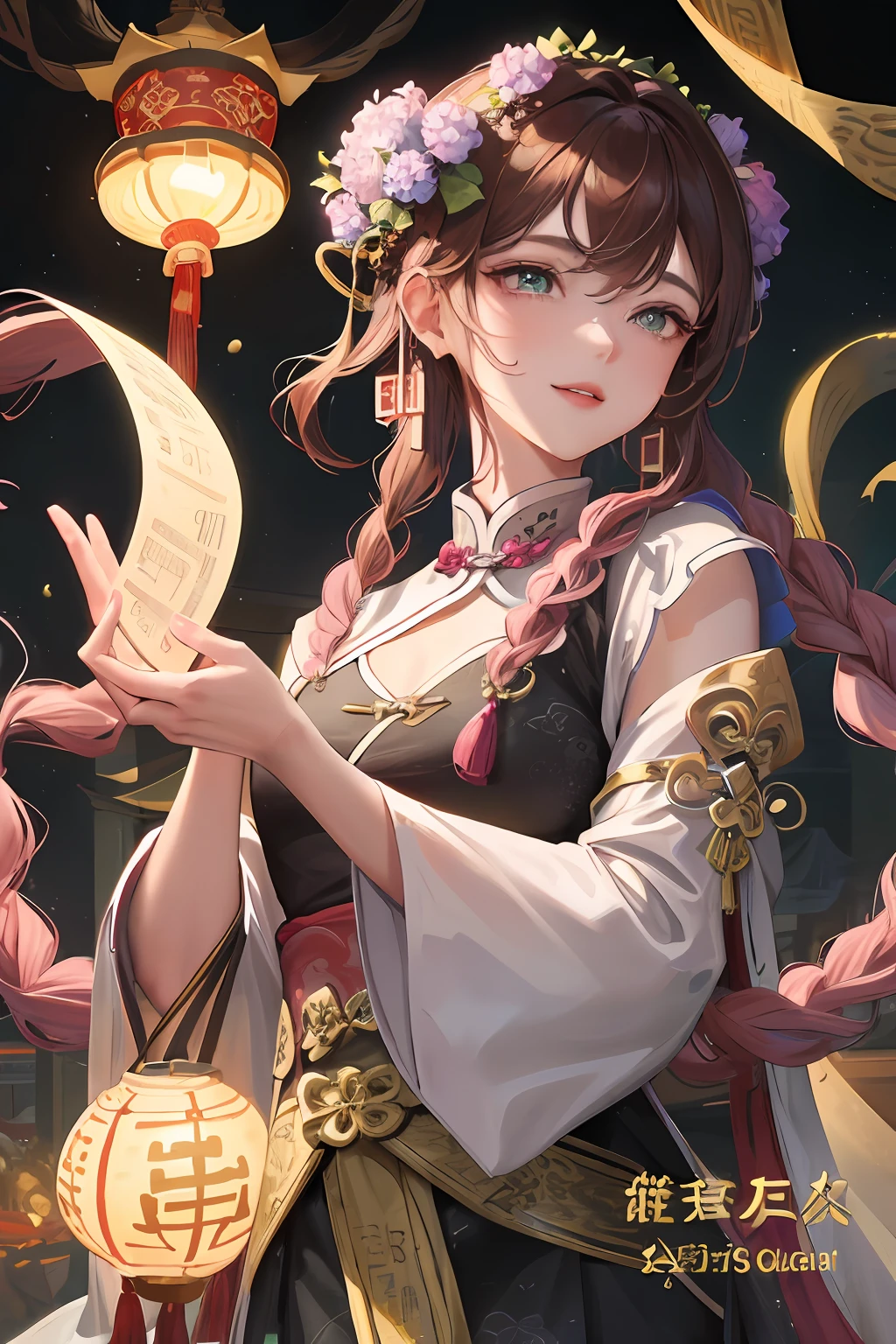 Masterpiece, best quality, night, full moon, 1 girl, mature woman, Chinese style, ancient China, elder sister, imperial sister, smile, brown hair, princess cut, single Fried Dough Twists braid, coiled hair, double ball head, light pink lips, calm, intellectual, middle hair, green pupil, hairpin, hydrangea,
