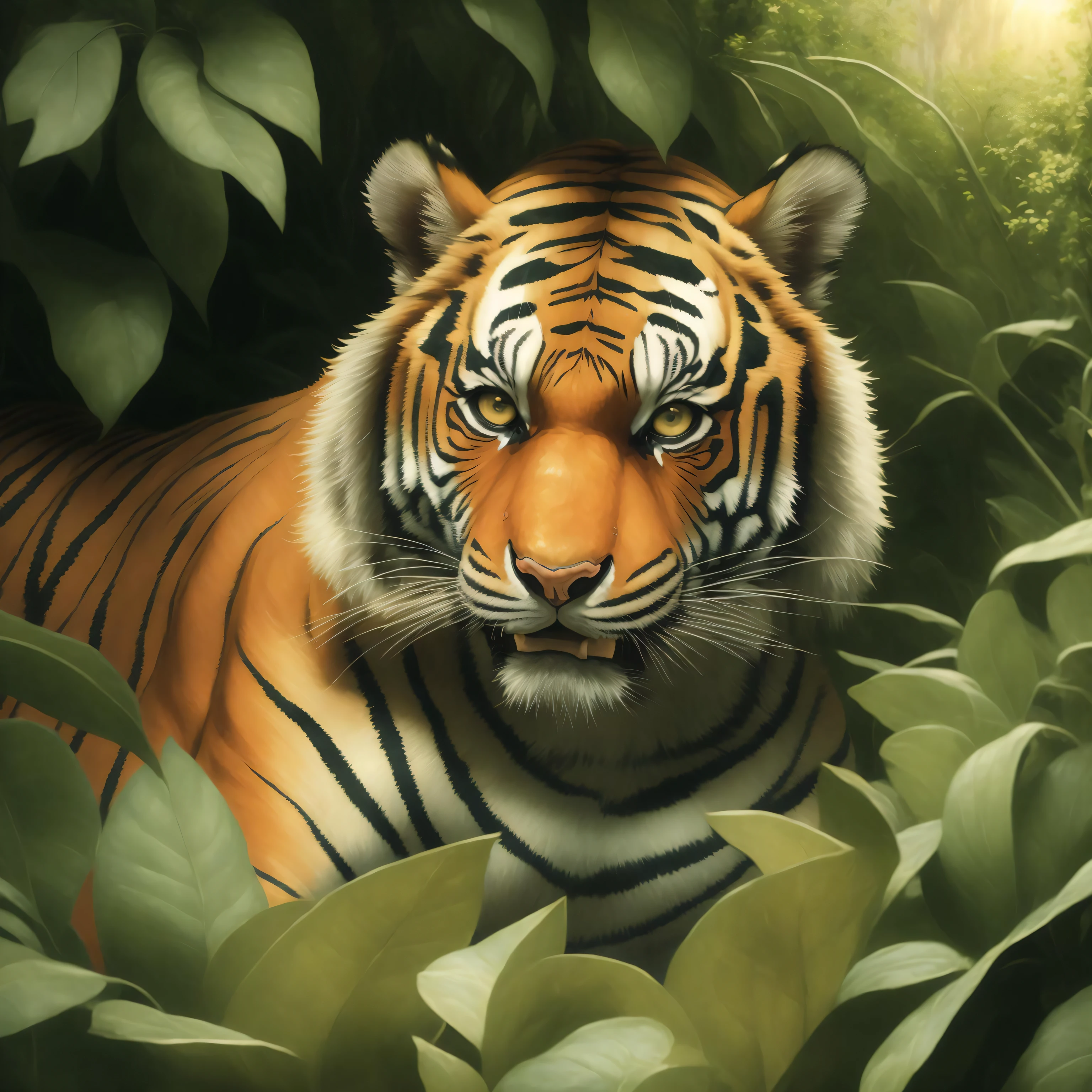 Tiger hiding in the bushes, classical art painting by Gustave Courbet in the style of Sir Lawrence Alma-Tadema, lit by bright sunlight