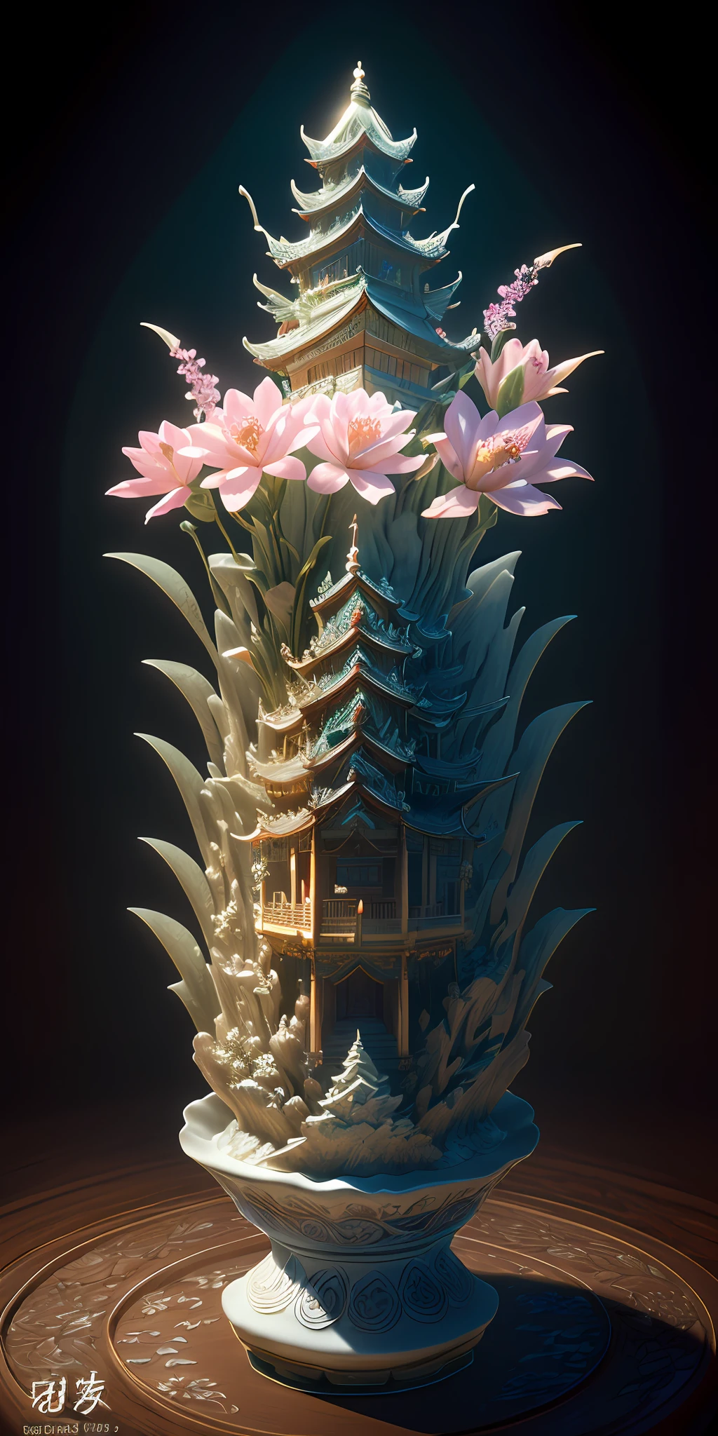 best quality, realistic, photorealistic, ultra detailed, "Mountain of Flower and Fruit+Fairy+Chinese Architecture" highly detailed carving on "southern ice" porcelain,Ultra wide angle,Accent Lighting,Volumetric Lighting,backlighting, (detailed light),((an extremely delicate and beautiful)),dramatic_shadow,ray_tracing,hdr