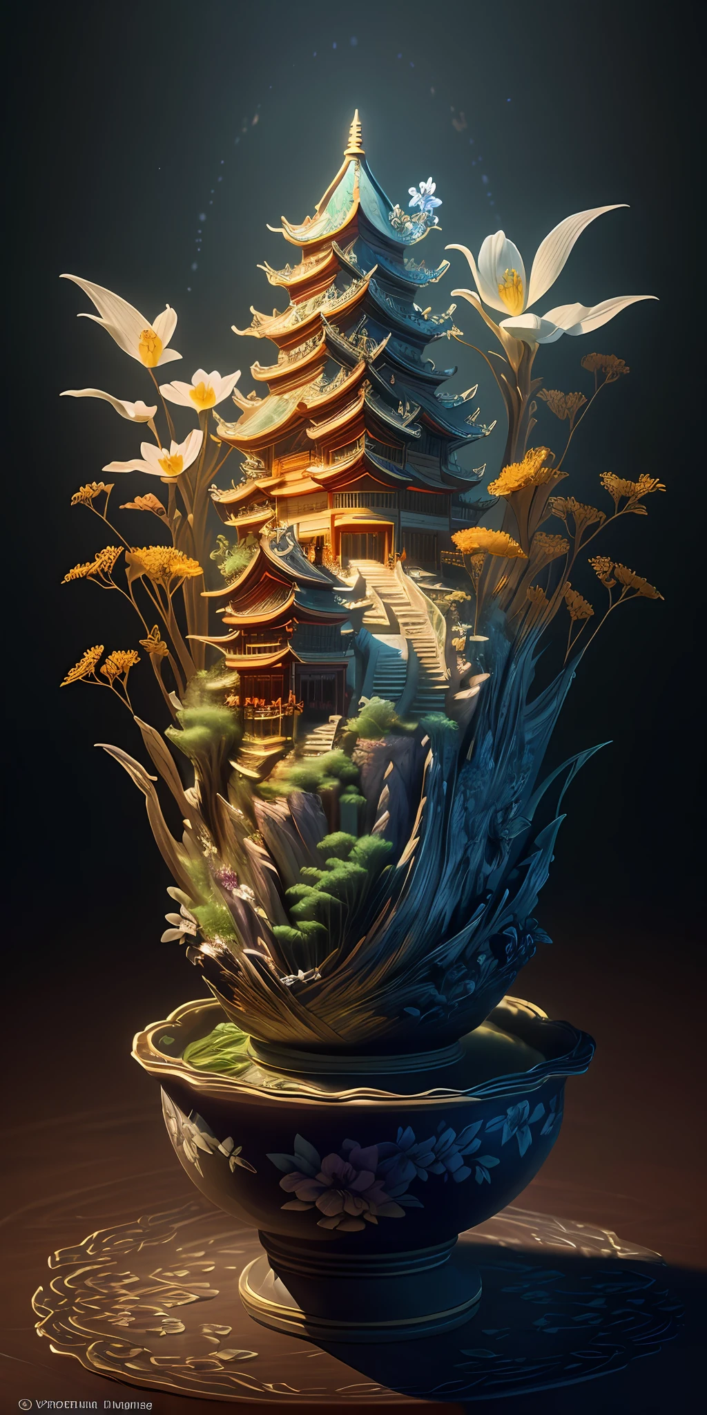 best quality, realistic, photorealistic,  ultra detailed, "Mountain of Flower and Fruit+Fairy+Chinese Architecture" highly detailed carving on "southern ice" porcelain,Ultra wide angle,Accent Lighting,Volumetric Lighting,backlighting, (detailed light),((an extremely delicate and beautiful)),dramatic_shadow,ray_tracing,hdr