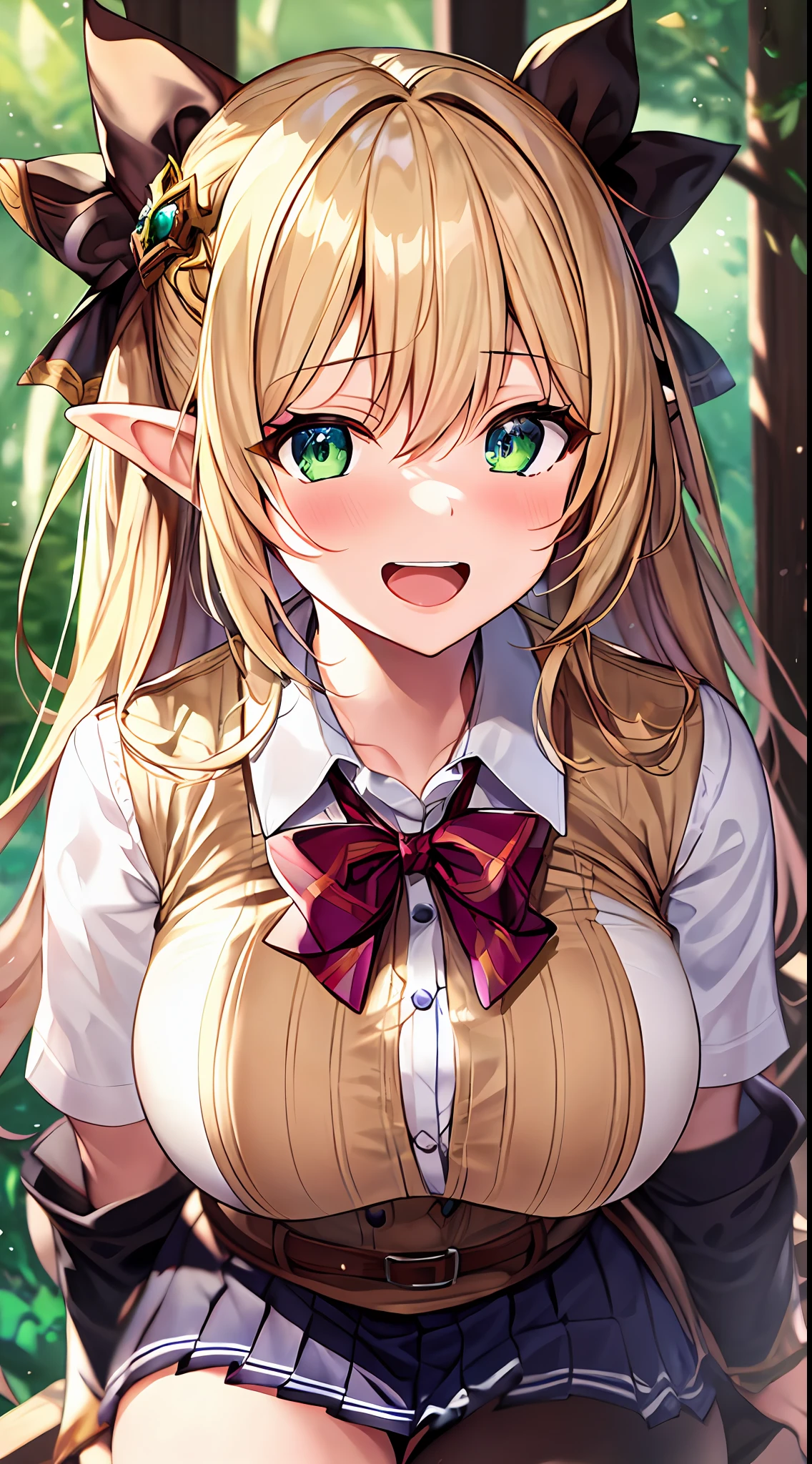 Arisa(shadowverse), Beautiful teenager, masutepiece, Best Quality, Complex detailed eyes, elf, Long dirty blonde, Green eyes, huge-breasted, bow ribbon, School uniform, White shirt, Pleated skirt, Thigh, Laugh, blush, Open mouth, forest