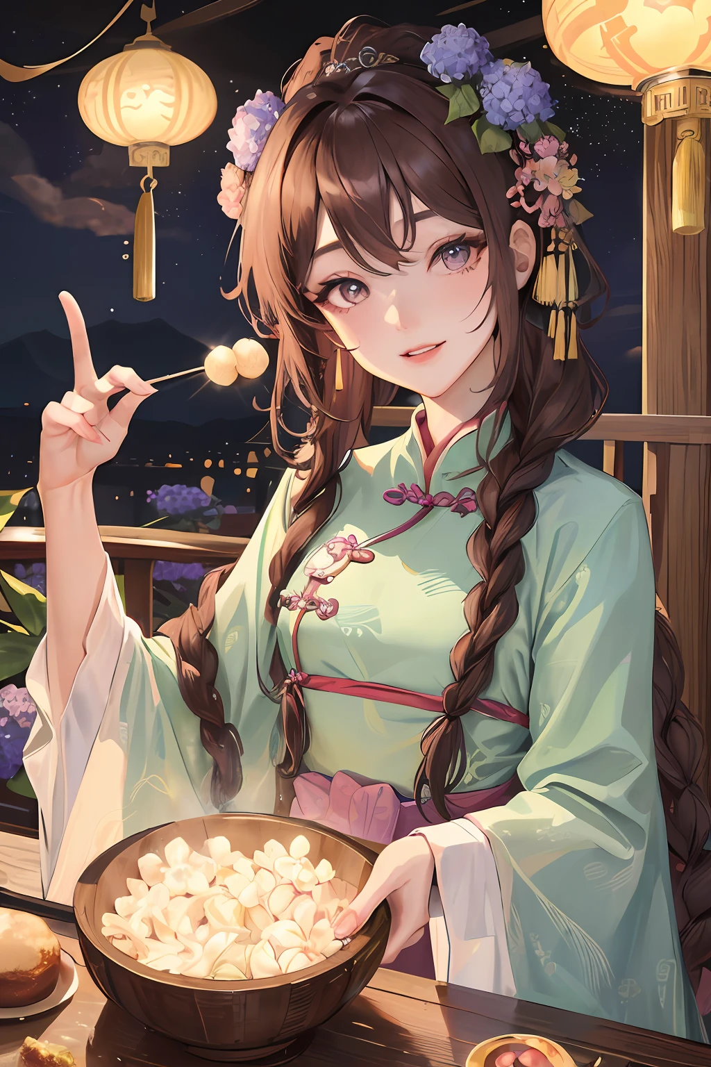 Masterpiece, best quality, night, full moon, 1 girl, mature woman, Chinese style, ancient China, elder sister, imperial sister, smile, brown hair, princess cut, single Fried Dough Twists braid, coiled hair, double ball head, light pink lips, calm, intellectual, middle hair, green pupil, hairpin, hydrangea,