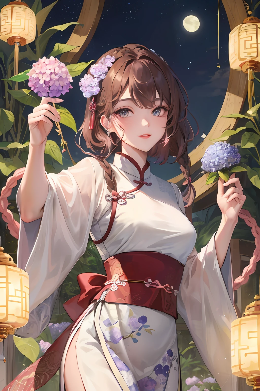 Masterpiece, best quality, night, full moon, 1 girl, mature woman, Chinese style, ancient China, elder sister, imperial sister, smile, brown hair, princess cut, single Fried Dough Twists braid, coiled hair, double ball head, light pink lips, calm, intellectual, middle hair, green pupil, hairpin, hydrangea,