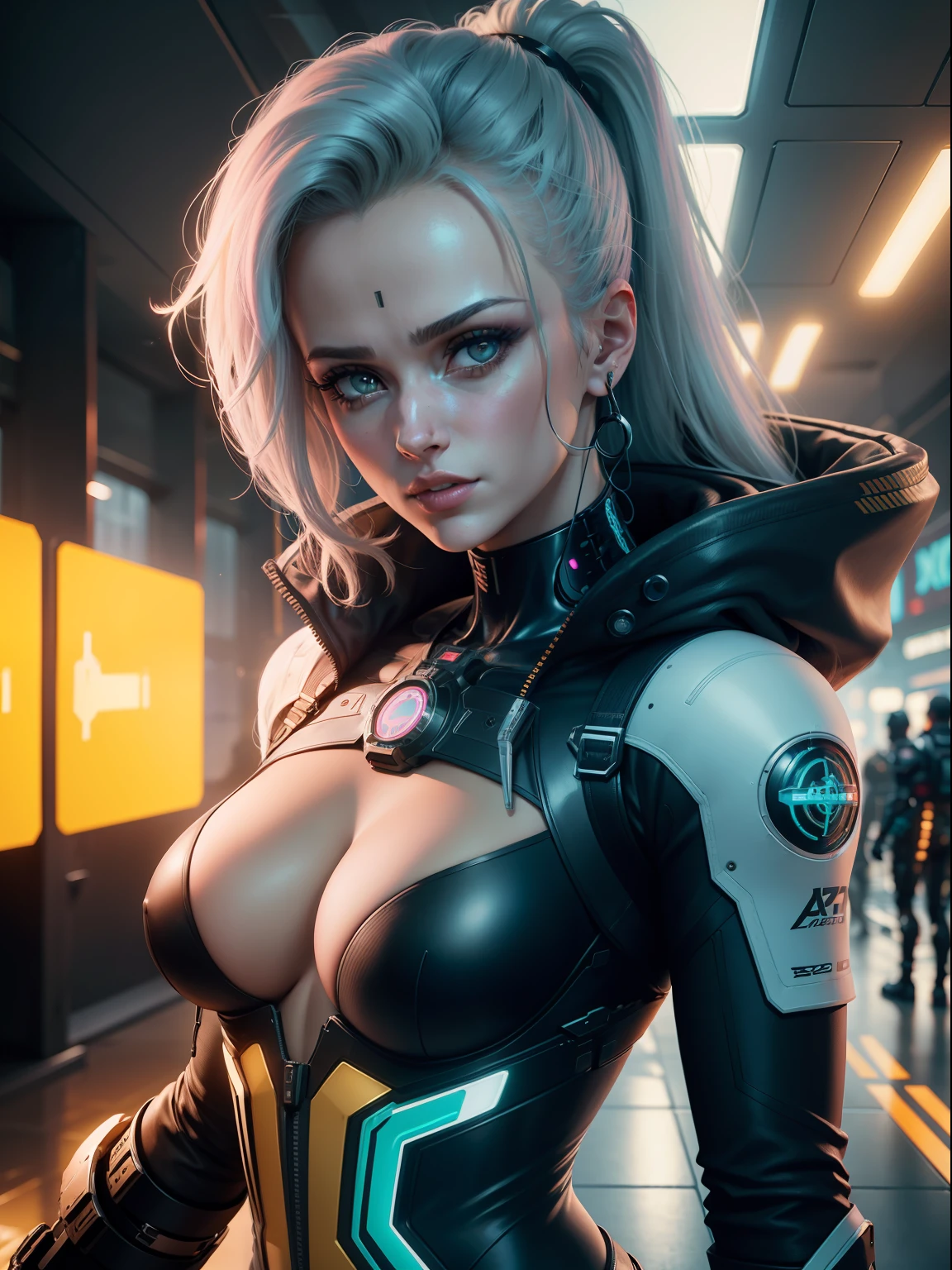cyberpunk 2077, fundo amarelo, 1 mulher, como uma Eva Green, retrato, rosto detalhado, olhos detalhados, musculatura correta, Anatomia correta, thirds rule, proportion Aurea, white latex, translucido, microchips, eletronicas, Cabos, cyber implants, high resolution better rendering, cinematic lighthing, 8k, papel de parede 8k