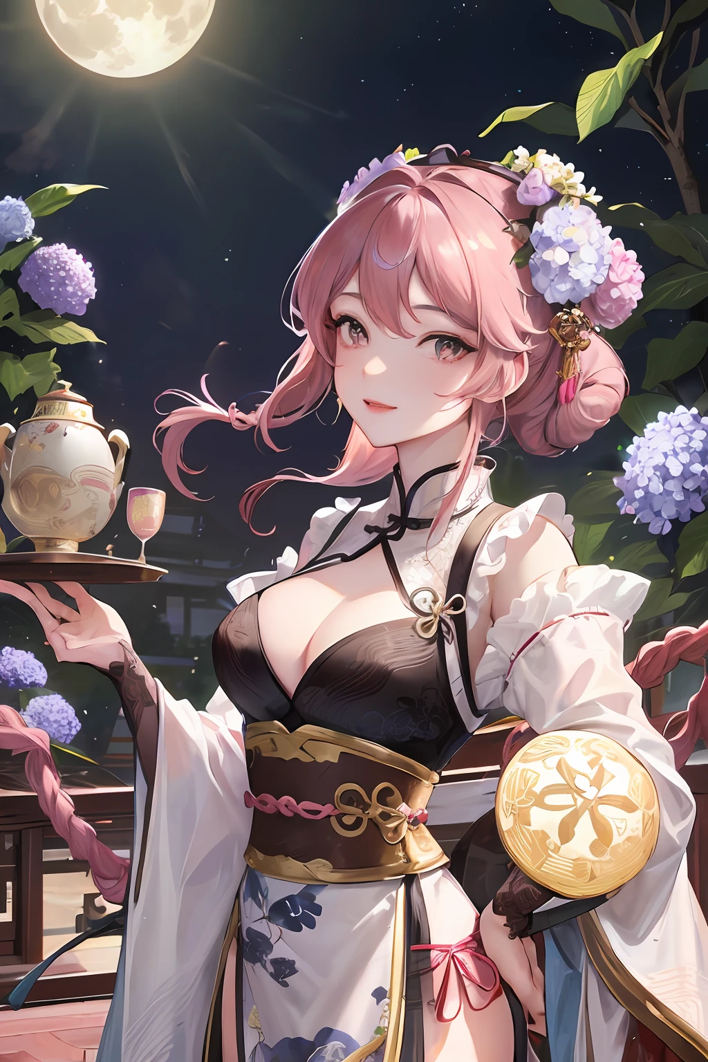 Masterpiece, best quality, night, full moon, 1 girl, mature woman, Chinese style, ancient China, elder sister, imperial sister, smile, brown hair, princess cut, single Fried Dough Twists braid, coiled hair, double ball head, light pink lips, calm, intellectual, middle hair, green pupil, hairpin, hydrangea,