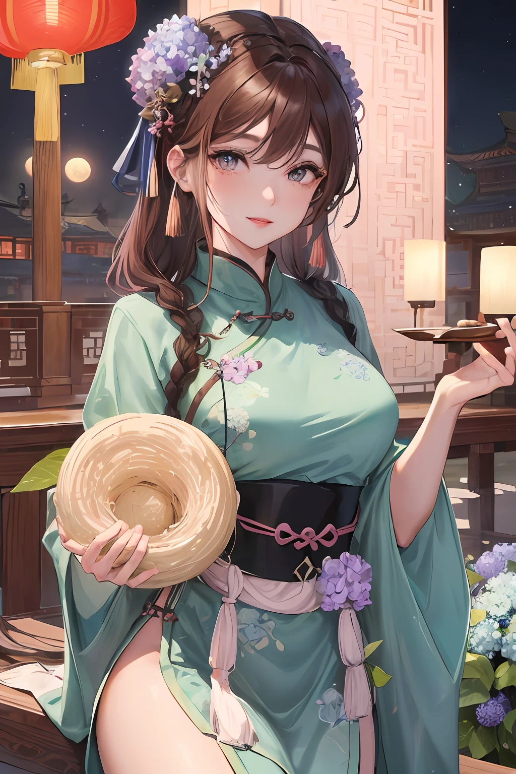 Masterpiece, best quality, night, full moon, 1 girl, mature woman, Chinese style, ancient China, elder sister, imperial sister, smile, brown hair, princess cut, single Fried Dough Twists braid, coiled hair, double ball head, light pink lips, calm, intellectual, middle hair, green pupil, hairpin, hydrangea,