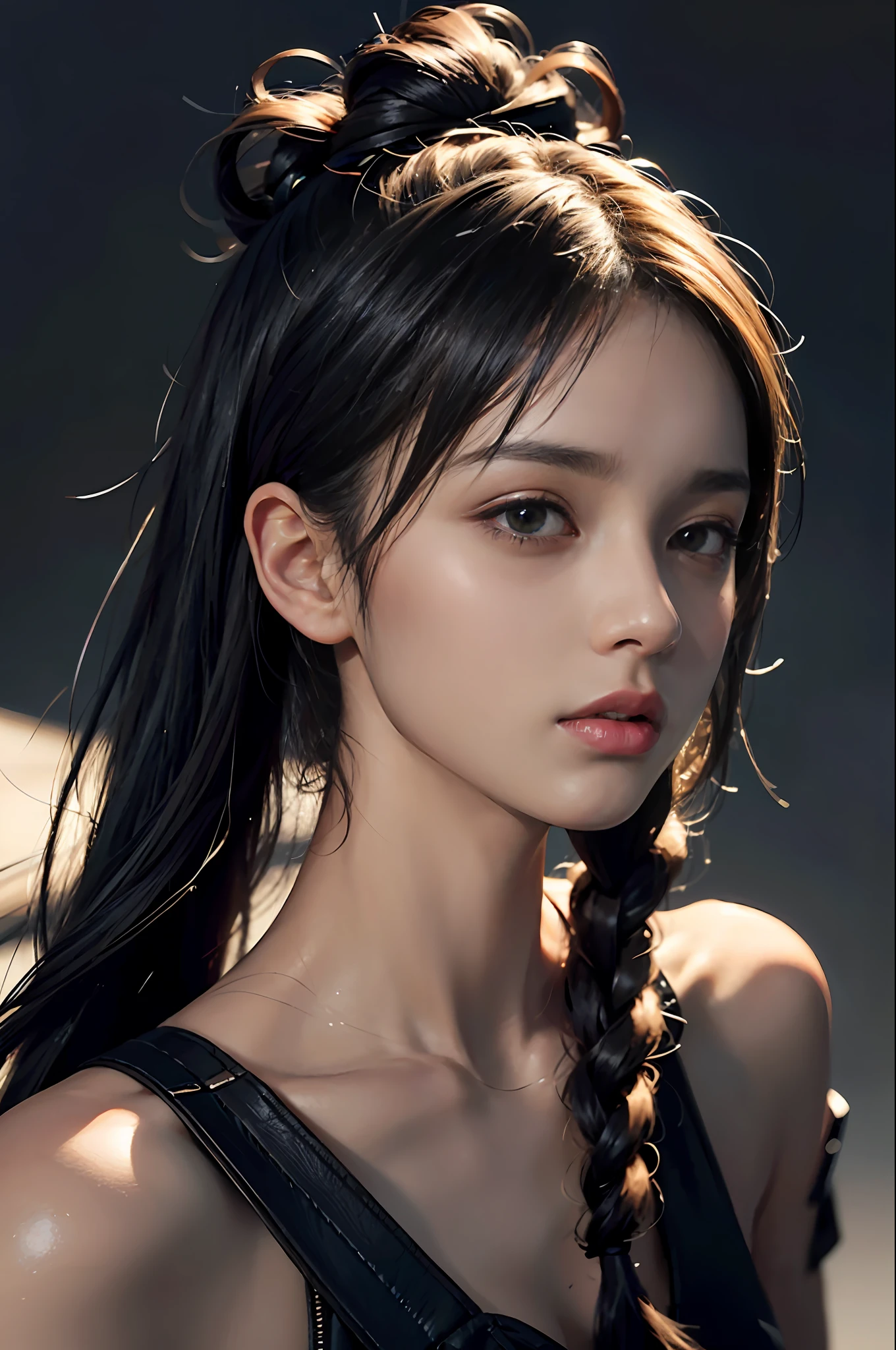 An 18-year-old woman, (high top fade: 1.3), long hair, dark theme, soothing tones, soft colors, high contrast, (natural skin texture, surrealism, soft light, sharp),