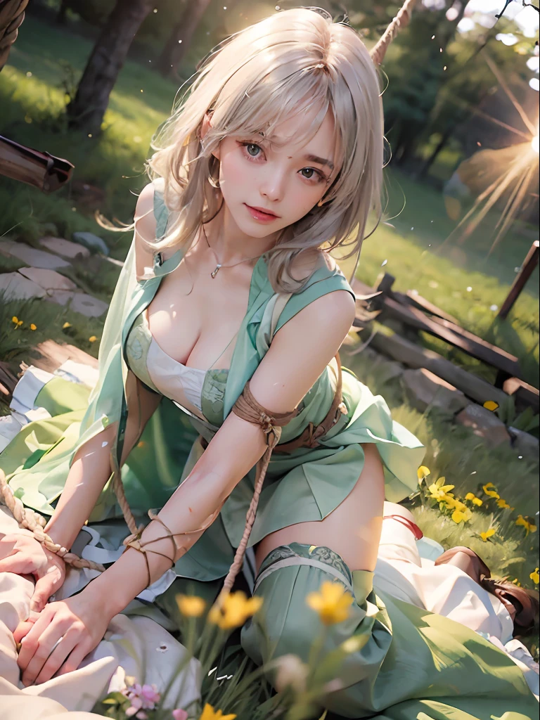 ( Award-Awarded, 8K, acurate, best qualtiy, The is very detailed, photorealisti), Natural ecology, Dense meadows, Surrounded by flowers, Twine, Bind the body, Whole body bondage, Background with, a Pretty Japanese woman, 29years old, Beautiful and charming, Sexy stunner, Detailed facial features, Textured skin, bite lips, an look of enjoyment, sliver long hair, Very long hair, Voluptious body, Slender body, Slender limbs, Tulle transparent clothes, Kneeling, Sex slaves, Burning with desire , Sexual suggestiveness, Highlight the buttocks, Exposed crotch showing through, Cinematic lighting effects, lightand shade contrast, dynamic blur, ((Green grass, fresh flowers, lens_flare, Rope restraint, drenched all over the body, Punished, ceza, Vaginal rundown))