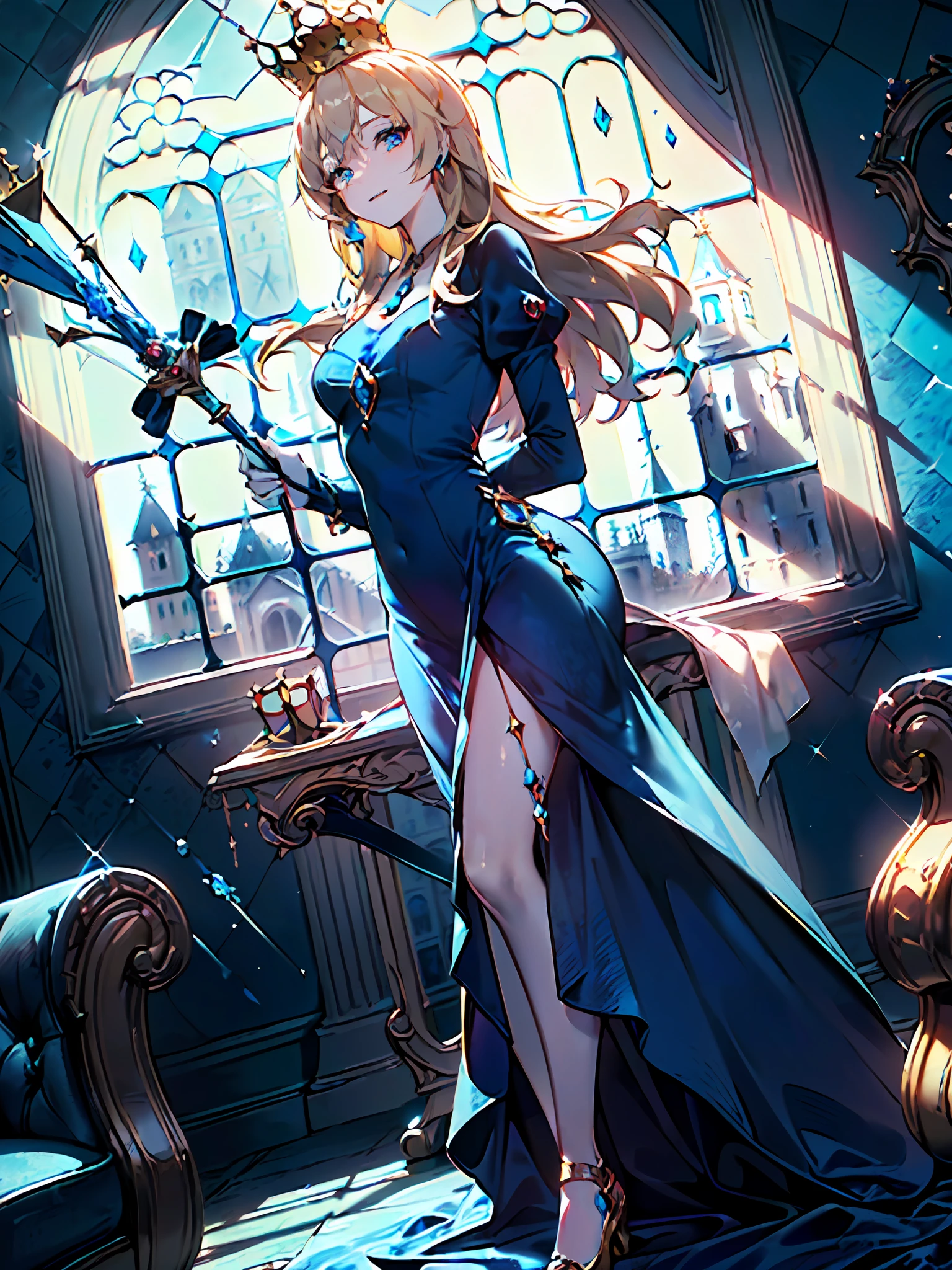 ((masterpiece)), ((pale skin)), (bokeh effect), (dynamic angle), sharp eyes, (solo:1.2), (female:1.1), (long blond hair:1.3), (blue velvet dress:1.8), (crown:1.4), (holding scepter:1.5), (castle window background:1.6), (regal posture:1.4), (wearing jewelry:1.5), (proud expression:1.3), ((bold outline))