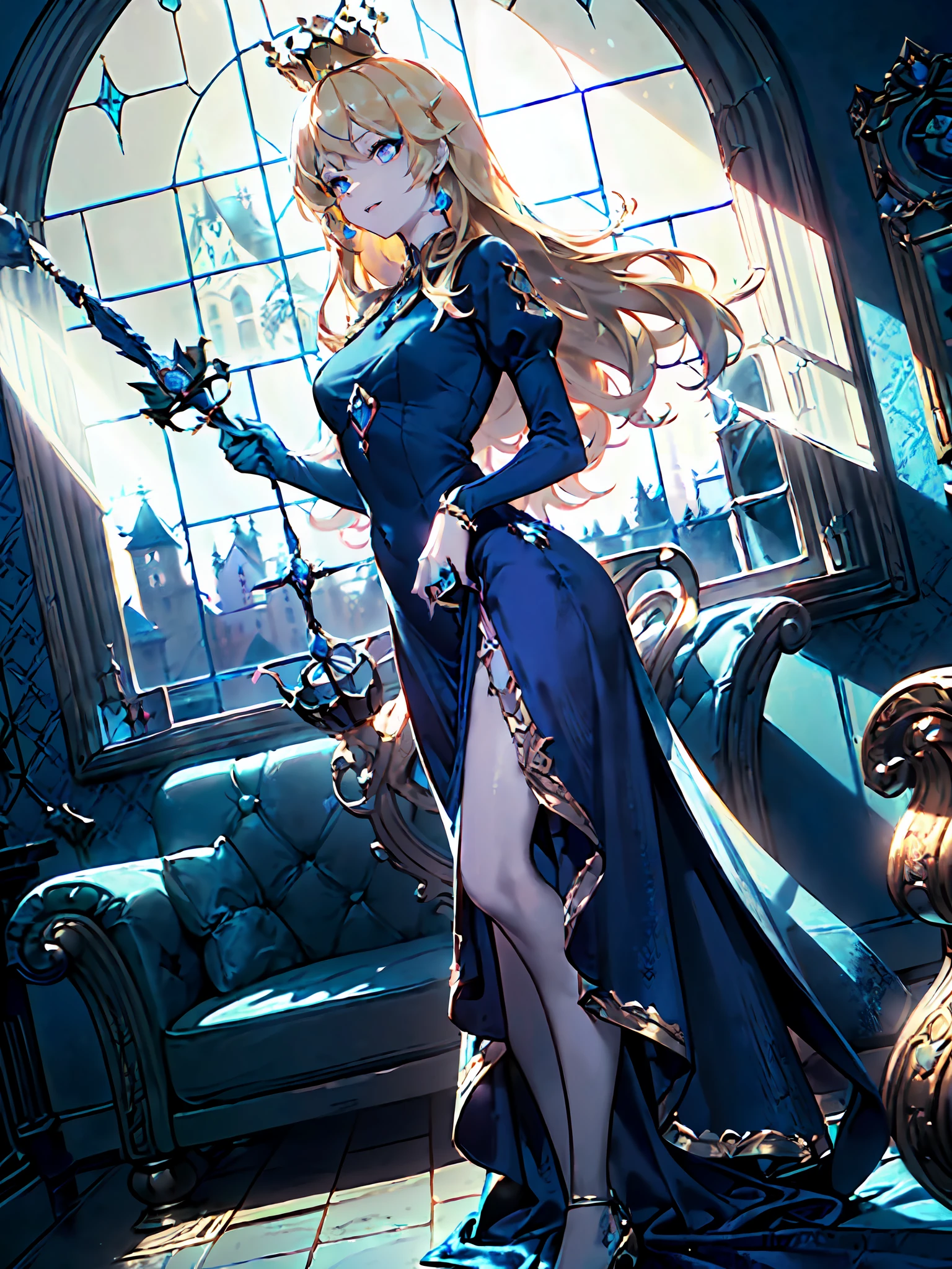 ((masterpiece)), ((pale skin)), (bokeh effect), (dynamic angle), sharp eyes, (solo:1.2), (female:1.1), (long blond hair:1.3), (blue velvet dress:1.8), (crown:1.4), (holding scepter:1.5), (castle window background:1.6), (regal posture:1.4), (wearing jewelry:1.5), (proud expression:1.3), ((bold outline))