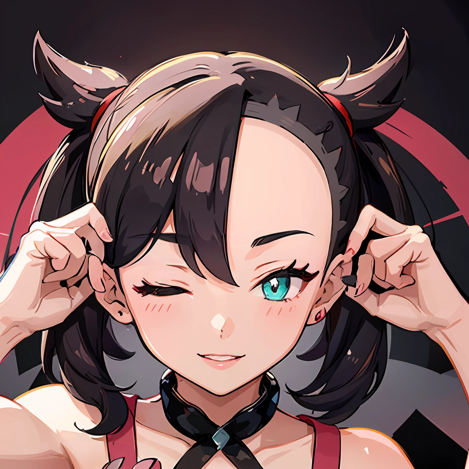 Cute 1girl, illustration, hmmarnie ,(marnie from pokemon) ,red ribbon, portrait, green eyes , long eyelashes,pink luscious lips,choker, (cute feminine face) , asymmetrical bangs , earrings , cute , happy expression , smile , (close up , one eye closed , finger over lips)