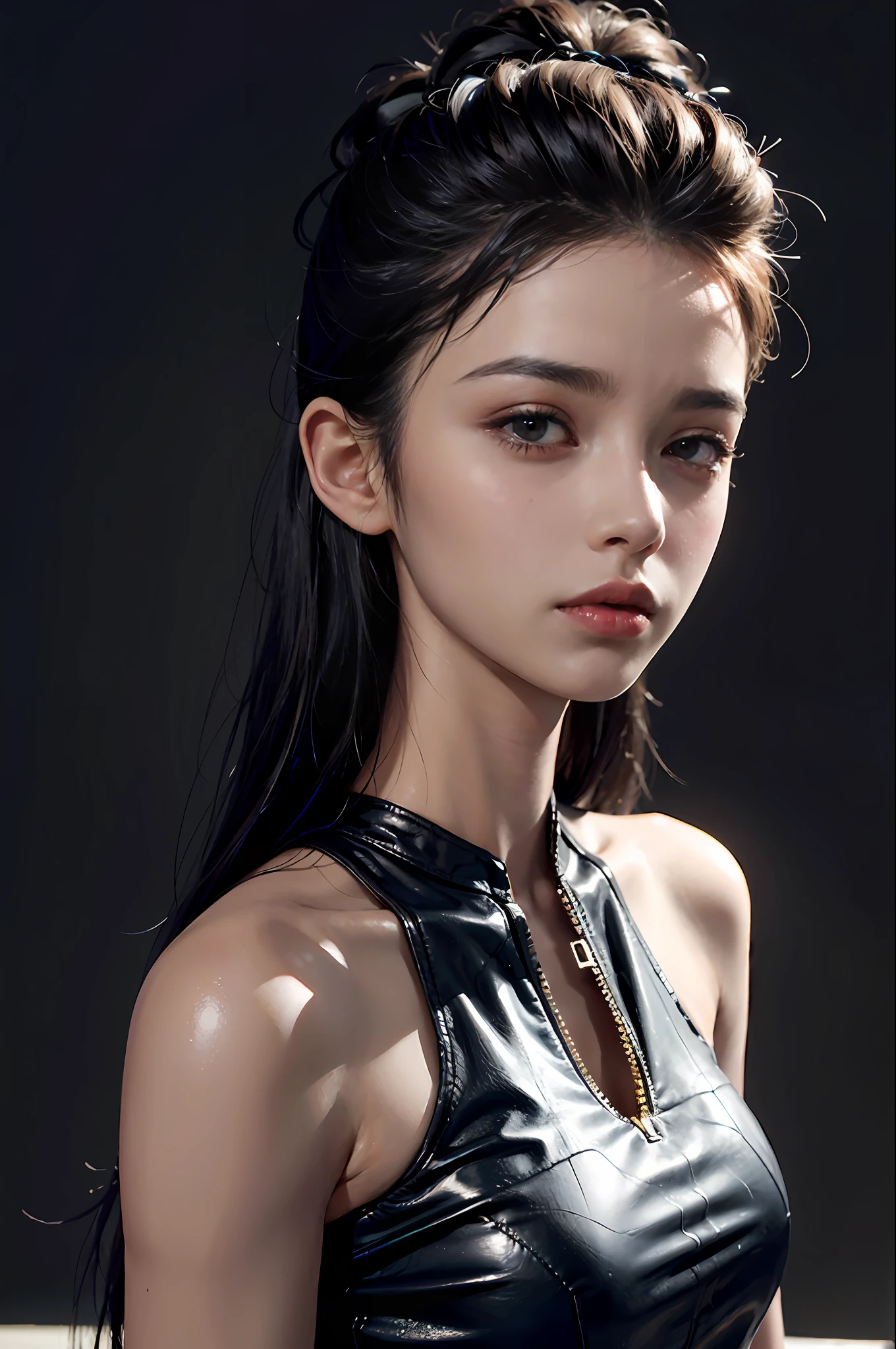 An 18-year-old woman, (high top fade: 1.3), long hair, dark theme, soothing tones, soft colors, high contrast, (natural skin texture, surrealism, soft light, sharp),