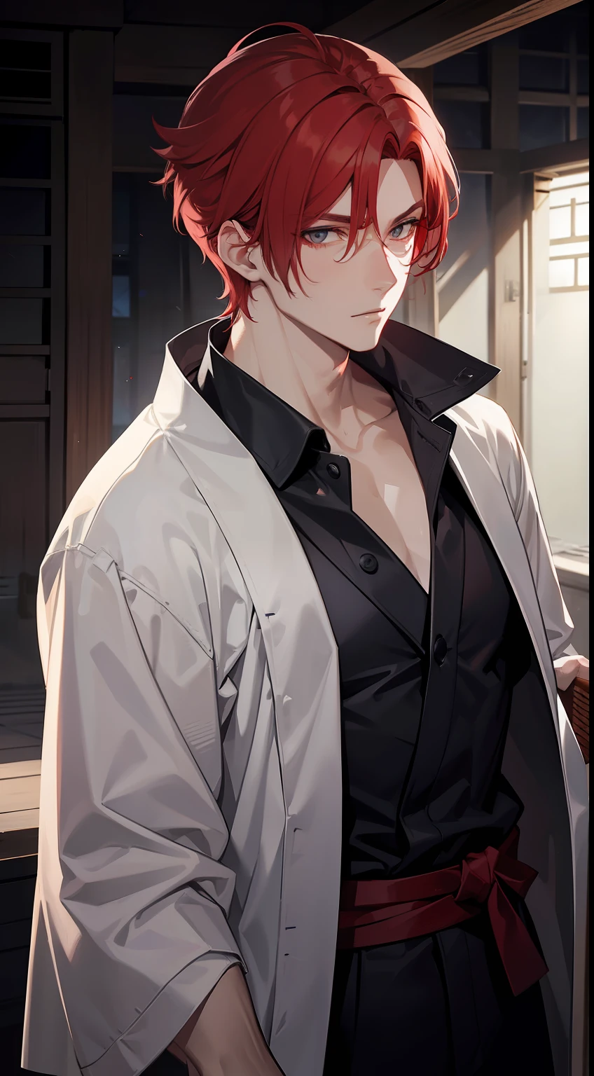 a guy with a short light red hair  wearing a grey kimono with a scar on the eye shining black aura