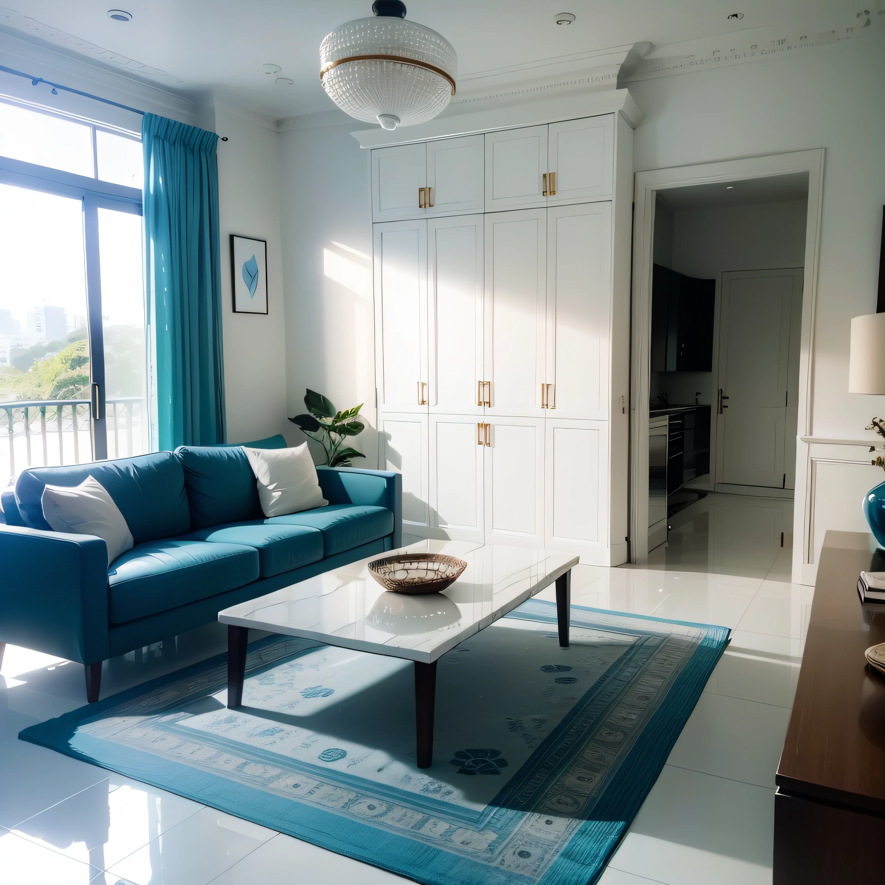 Imagine a living room with plenty of natural light, moderna, com piso de porcelanato, decoration with blue details and designed by Marcio Kogan. --auto