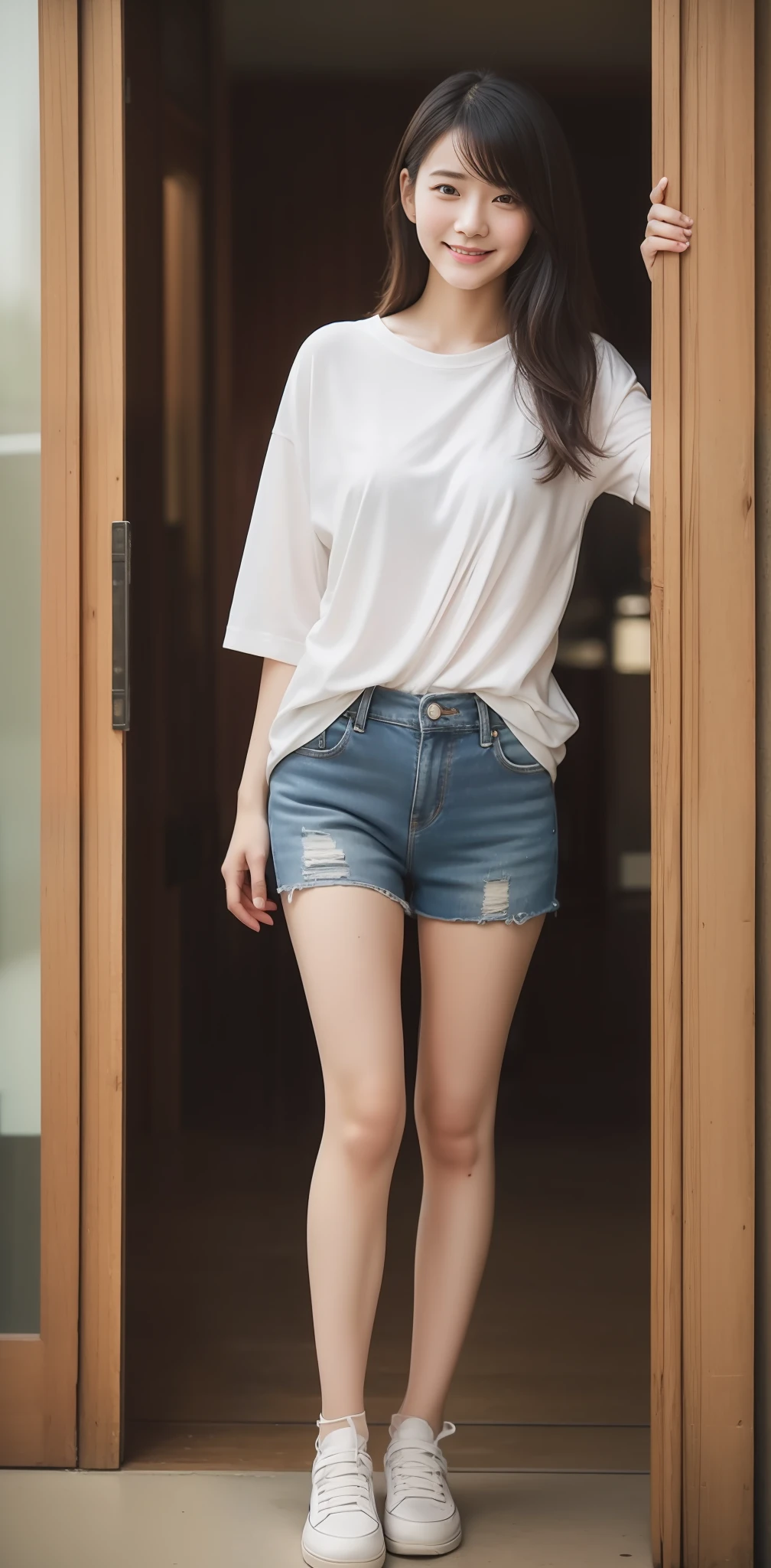 Zhu Ai_Villas，RAW photos，Brand photos，（highdetailskin：1.2），8k ultra high definition，digital SLR camera，gentlesoftlighting，high high quality，filmgrain，富士XT3，20 years old Asian woman，Wear simple clothes，T-shirt and skinny jeans，Detailed clothing details:1.3，perfect body figure，Super detailed facial details and skin，Fair and tender face and skin，二重まぶた，Super detailed eyes，Sweet smile:0.5，fully body photo