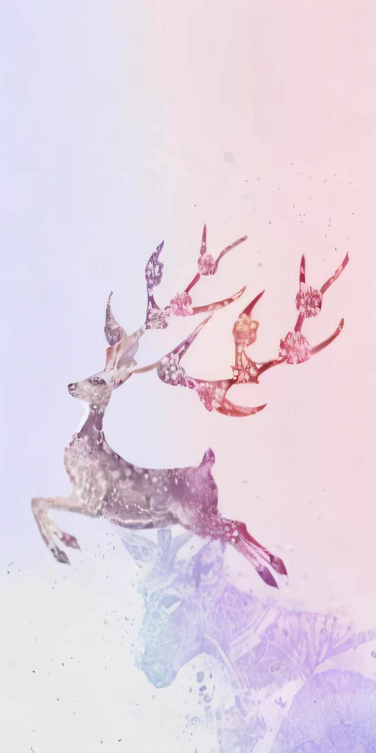 There is a deer jumping over the hill, deer antlers, Artistic illustration, 🦑 designs, inspired by Rudolph F. Ingerle, thin antlers, author:Anna Fossley, short antlers, purple ancient antler deity, drawn with photoshop, illustration!, blurry and dreamy illustration, Reindeer made of shadows, anthropomorphic deer, made with photoshop