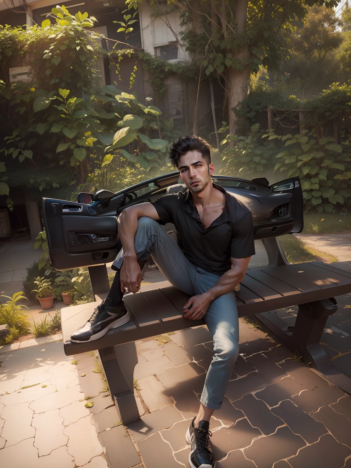 Change background, realistic photo, handsome ,black shirt ,sitting in car