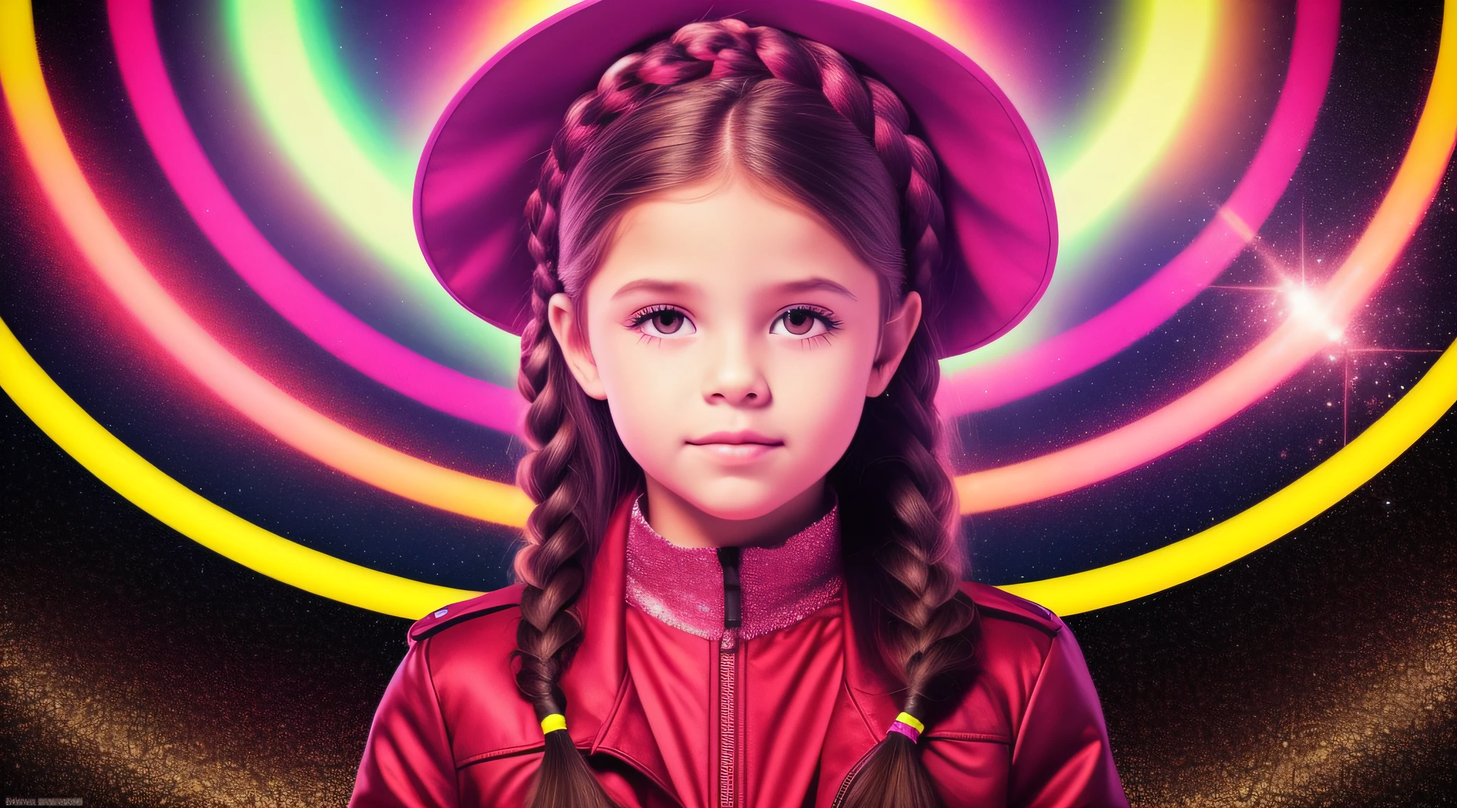 Girl child , Russian ruivas in braids, com roupa de jaqueta de couro vermelha, Estilo retrato, fundo preto e vermelho, uma bola de disco prateada com um reflexo de espelho sobre ela, bola de discoteca, bola de discoteca no fundo, prata brilhante.