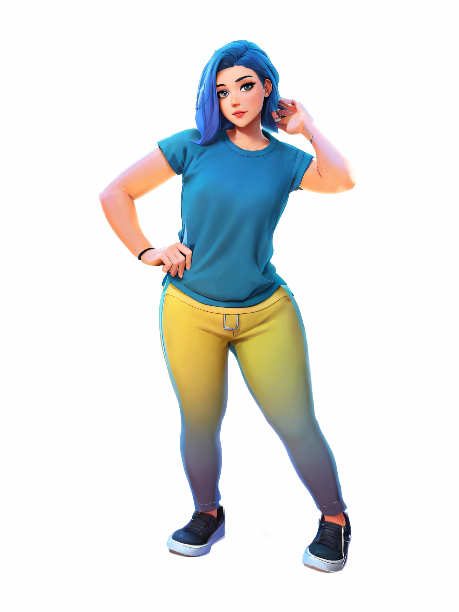Araffe is a woman with blue hair and a blue shirt, retrato de personagem de corpo inteiro, Retrato de corpo inteiro do personagem, single character full body, Pose casual, Pose de personagem, Retrato de personagem de corpo inteiro, Personagem de Fortnite, arte oficial do personagem, character is in her natural pose, full body single character, Personagem de corpo inteiro, retrato de corpo inteiro de um curto!, full body render