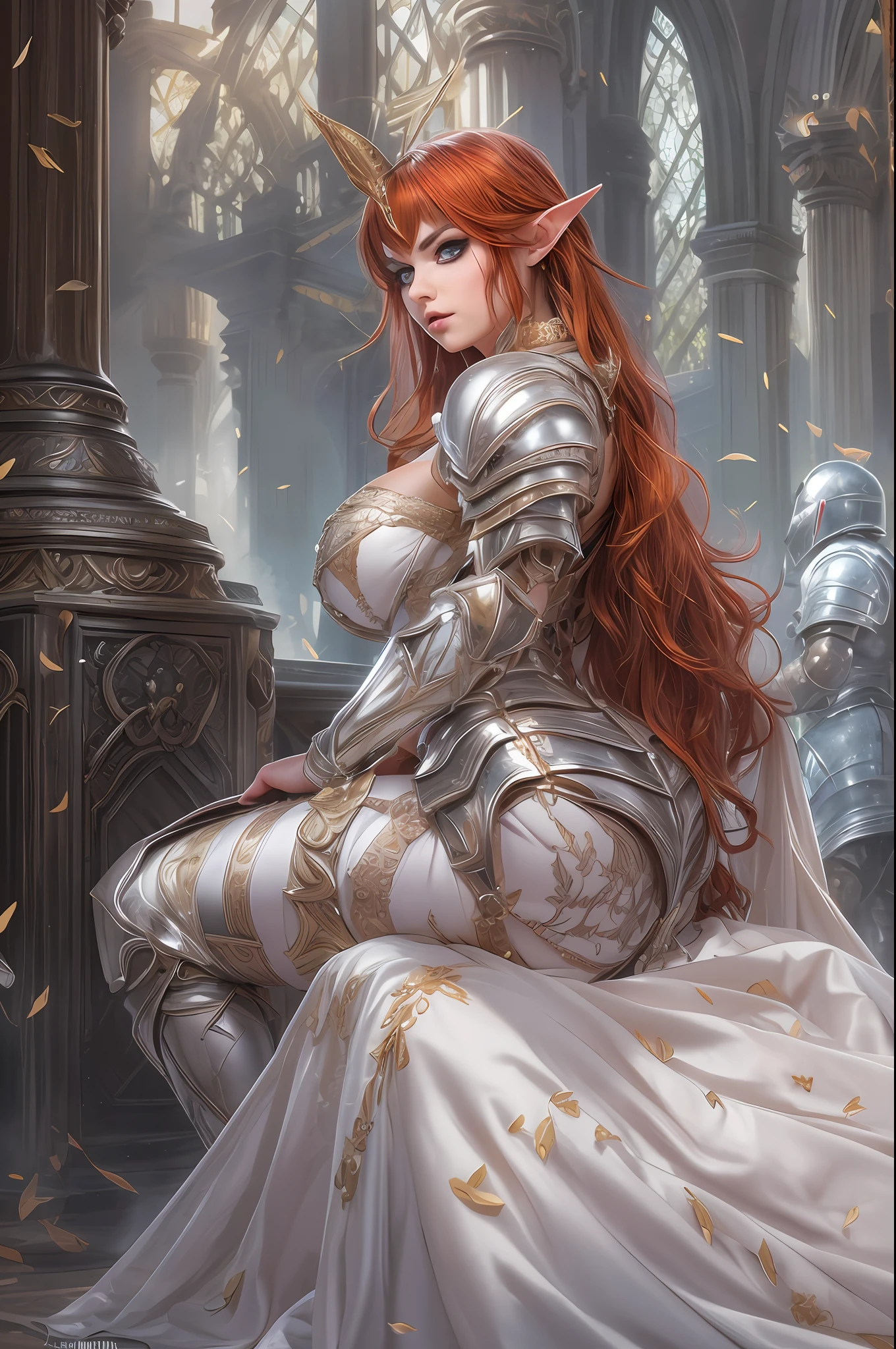 a knight redhead elf lady wearing a mix between wedding dress and knight armor, huge breasts, showing cleavage, (insanely detailed:1.5), extremely detailed face and eyes, (black eyeliner:1.4), full body photograph, from behind, (plumb ass:1.4), (thick thighs:1.4), highly detailed skin