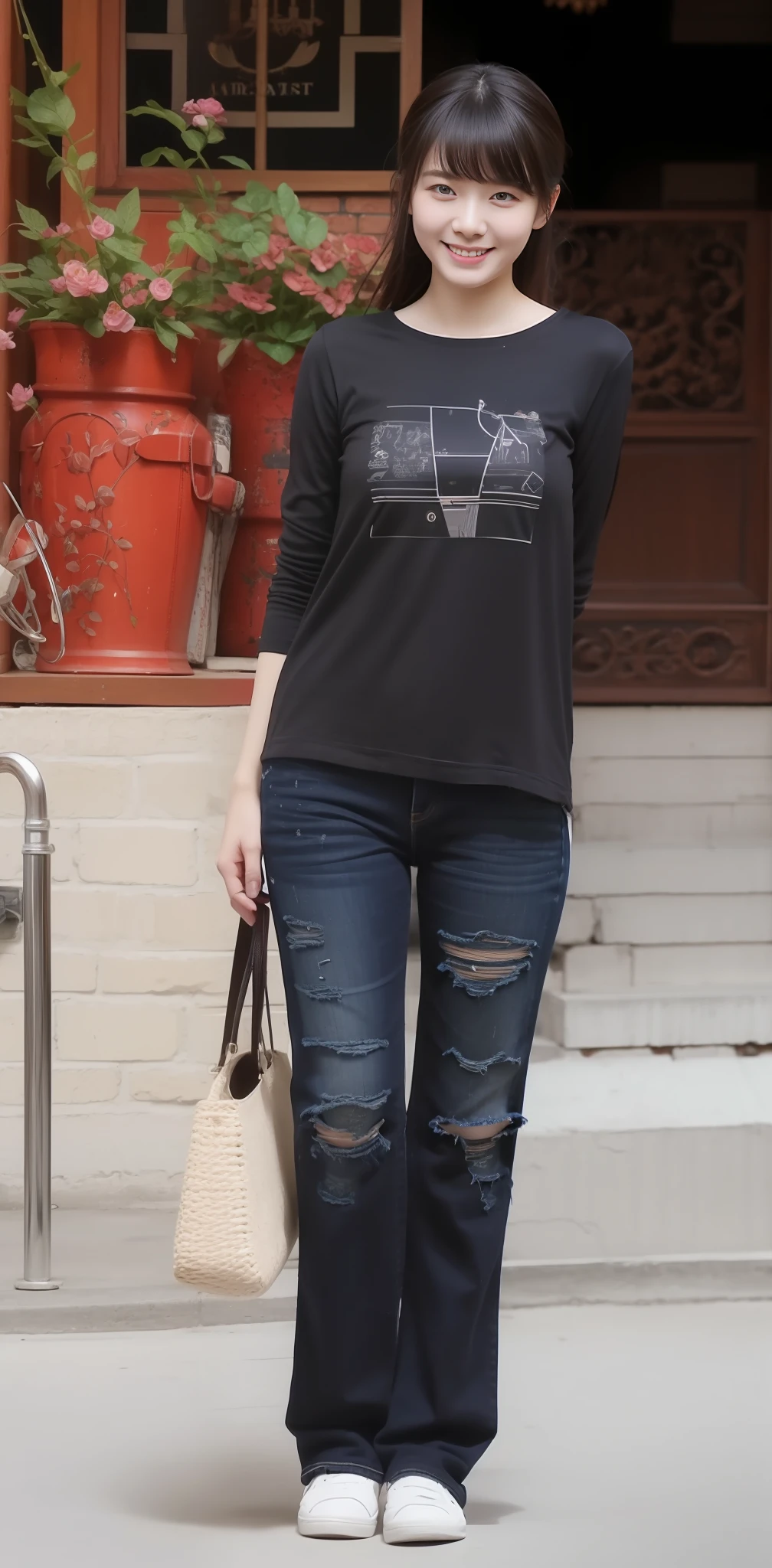 Zhu Ai_Villas，RAW photos，Brand photos，（highdetailskin：1.2），8k ultra high definition，digital SLR camera，gentlesoftlighting，high high quality，filmgrain，富士XT3，20 years old Asian woman，Wear simple clothes，T-shirt and skinny jeans，Detailed clothing details:1.3，perfect body figure，Super detailed facial details and skin，Fair and tender face and skin，二重まぶた，Super detailed eyes，Sweet smile:0.5，fully body photo