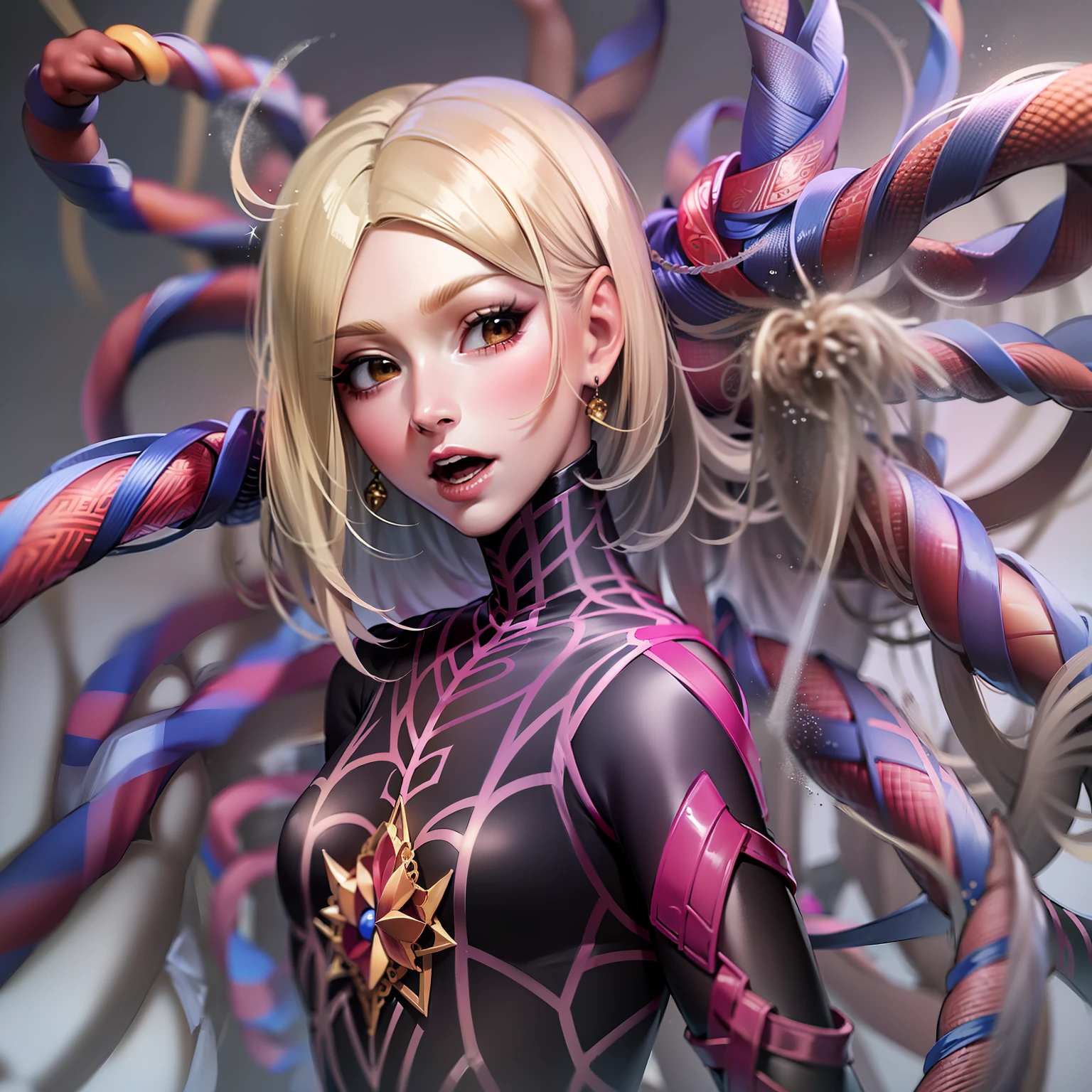 18 yo girl,Multi-colored spider set,Short blunt hair,blond hairbl,beauitful face,Sateen,tmasterpiece,intricately details,open open mouth,perfect anatomia,symbiote