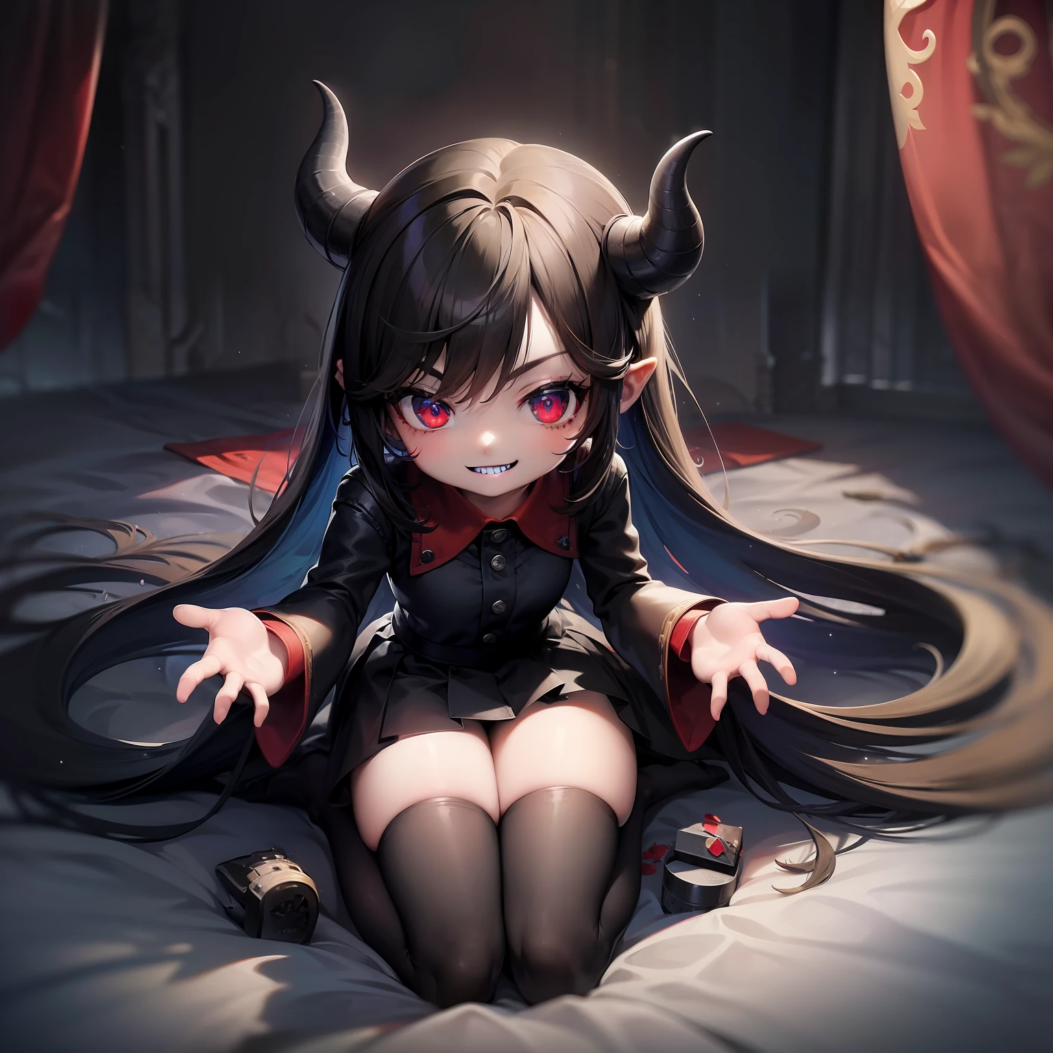 ((​masterpiece、top-quality))、(Complex lighting)、Small Devil、独奏、full body Esbian、1girl in、red eyes、Long Black Hair、Red Shirt、a black skirt、absurderes, Grayscale BreakGuess Gaze、(evil smile:1.4)、looking at the viewers、sharpteeth、(Crazy blue eyes with small pupils:1.2)、yandere、Chibi、Clean your fingers
