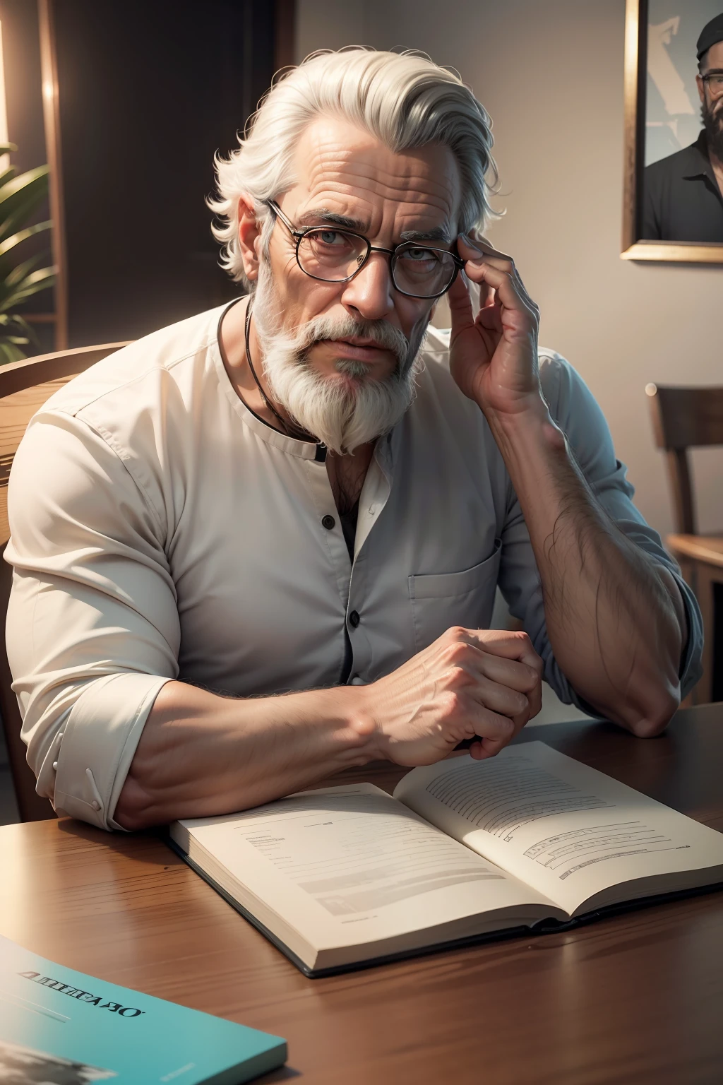 Desenho, ultra realista, 8k, extremamente detalhado, na melhor qualidade, um homem, looking 60 years old, mago, com barba branca, and glasses, em uma sala, sentado em uma mesa, em cima da mesa uma vela acesa.