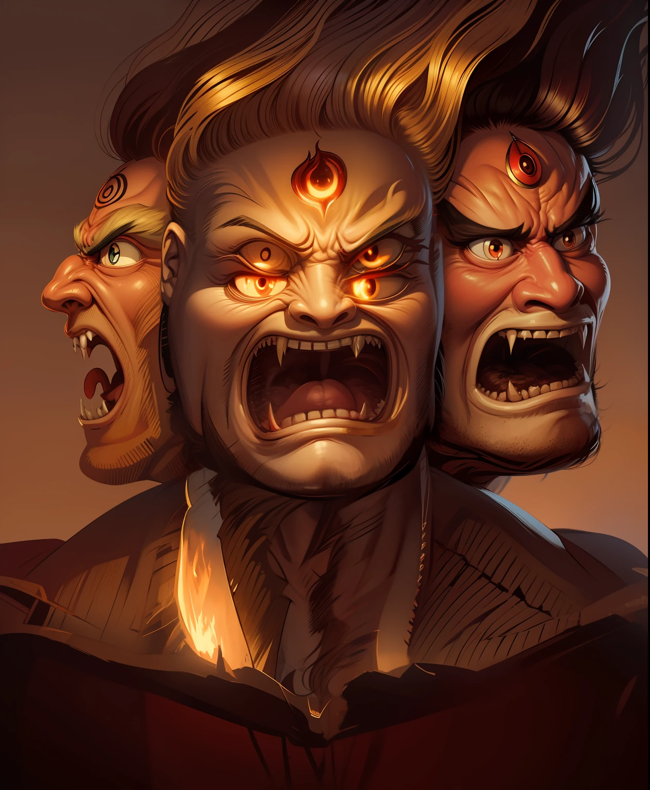 Angry three-headed man，Double eyes，bucktooth，Hair stands on end，Fire，