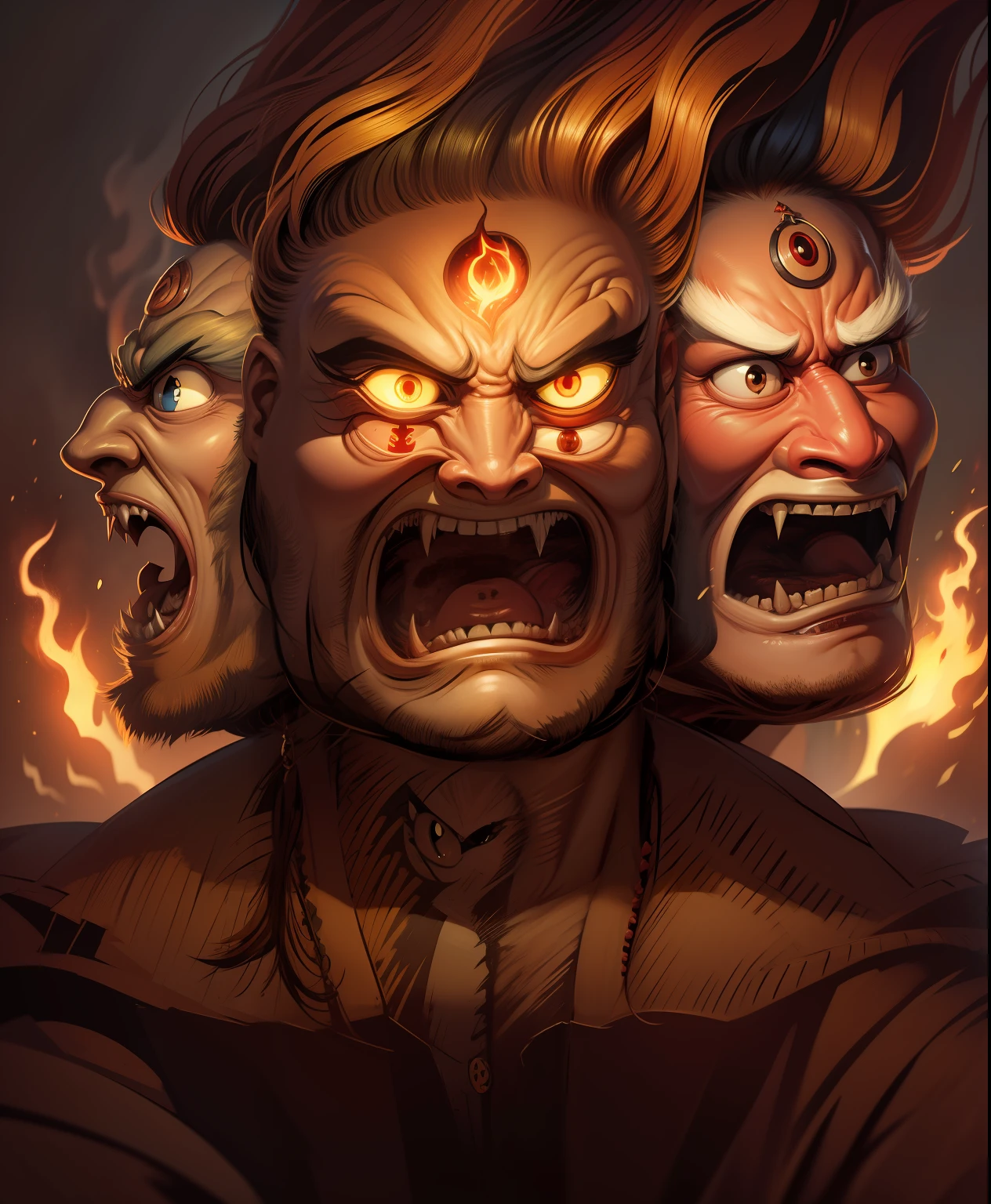 Angry three-headed man，Double eyes，bucktooth，Hair stands on end，Fire，