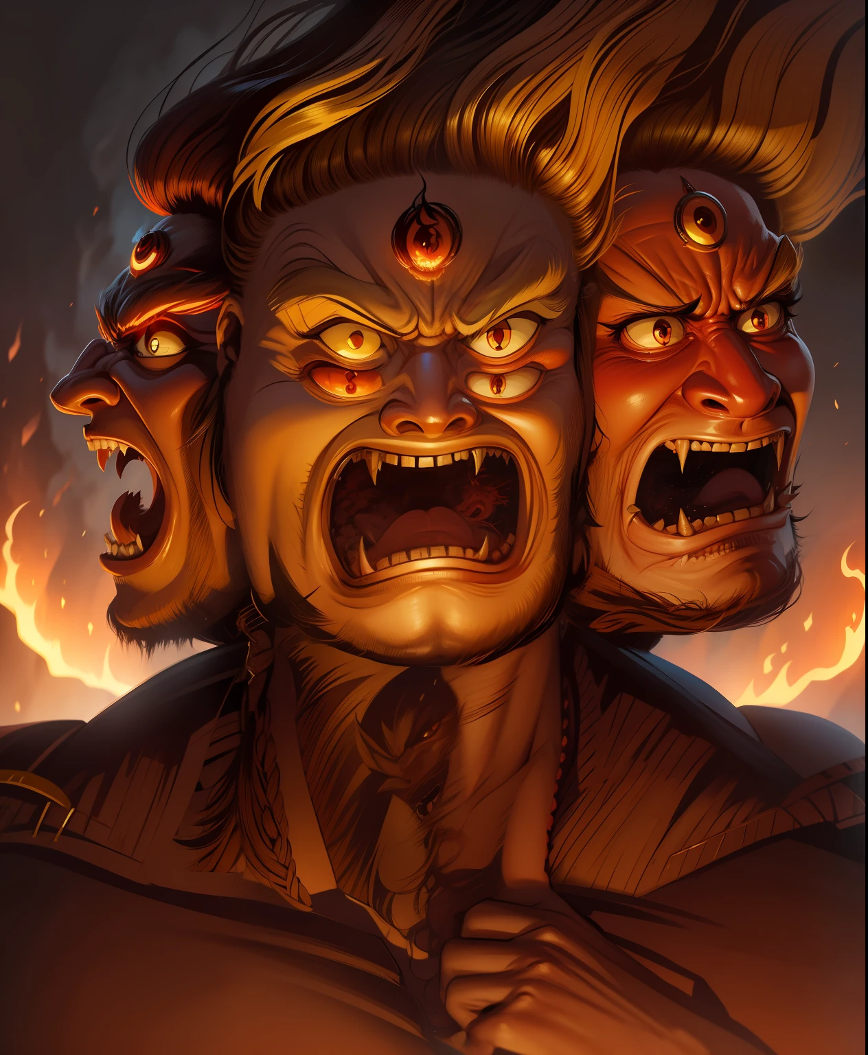 Angry three-headed man，Double eyes，bucktooth，Hair stands on end，Fire，