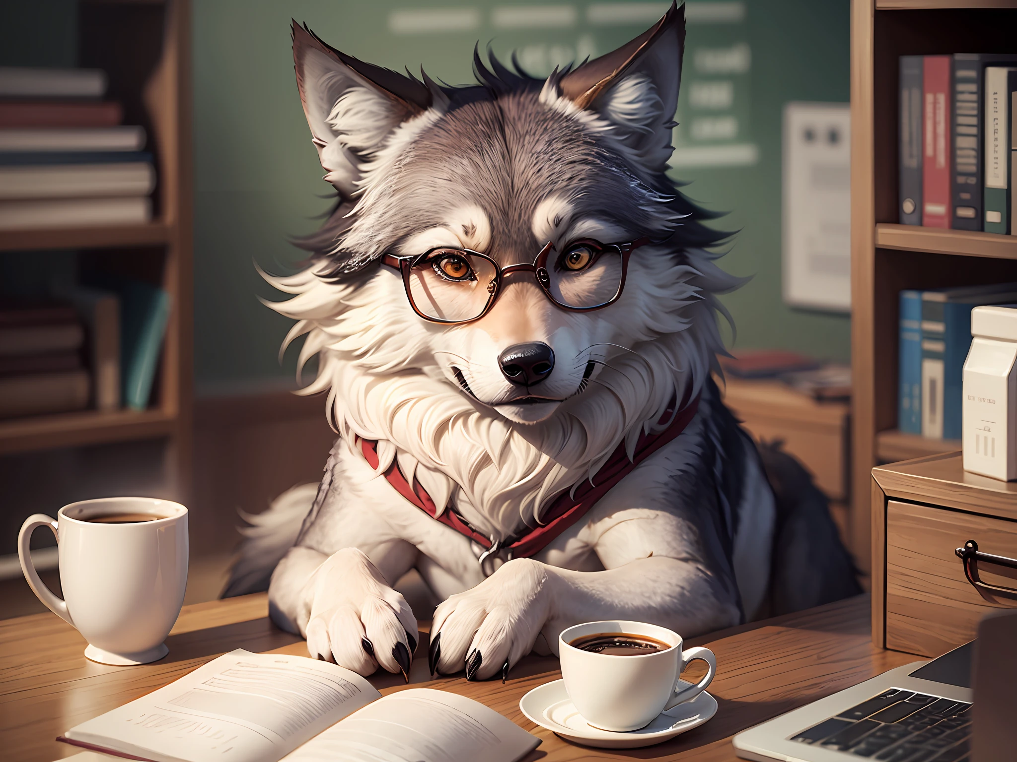 a cute wolf wears glasses stitting on a desk facing the camera have a fluffy hair and cup of coffe on top of the table --auto --s2