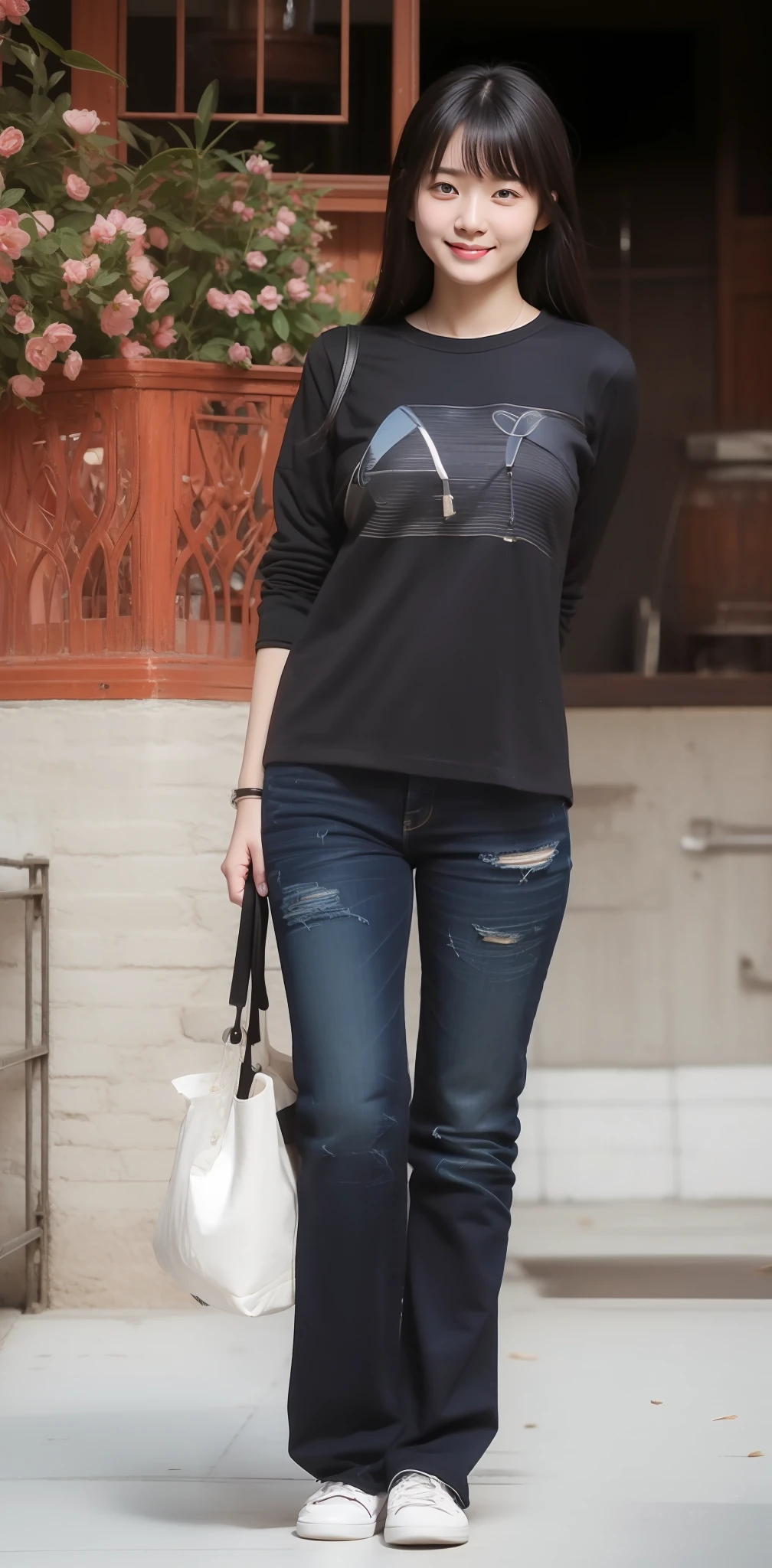 Zhu Ai_Villas,RAW photos,Brand photos,(highdetailskin:1.2),8k ultra high definition,digital SLR camera,gentlesoftlighting,high high quality,filmgrain,富士XT3,20 years old Asian woman,Wear simple clothes,T-shirt and skinny jeans,Detailed clothing details:1.3,perfect body figure,Super detailed facial details and skin,Fair and tender face and skin,二重まぶた,Super detailed eyes,Sweet smile:0.5,fully body photo