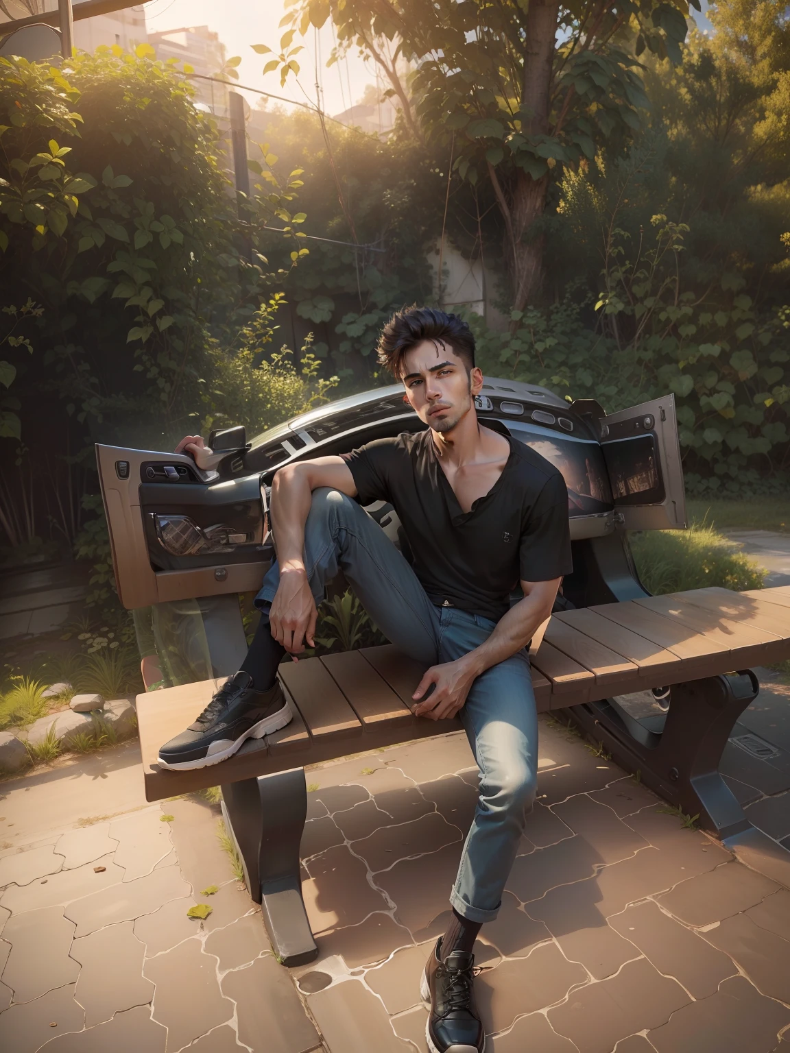 Change background, realistic photo, handsome ,black shirt ,sitting in car