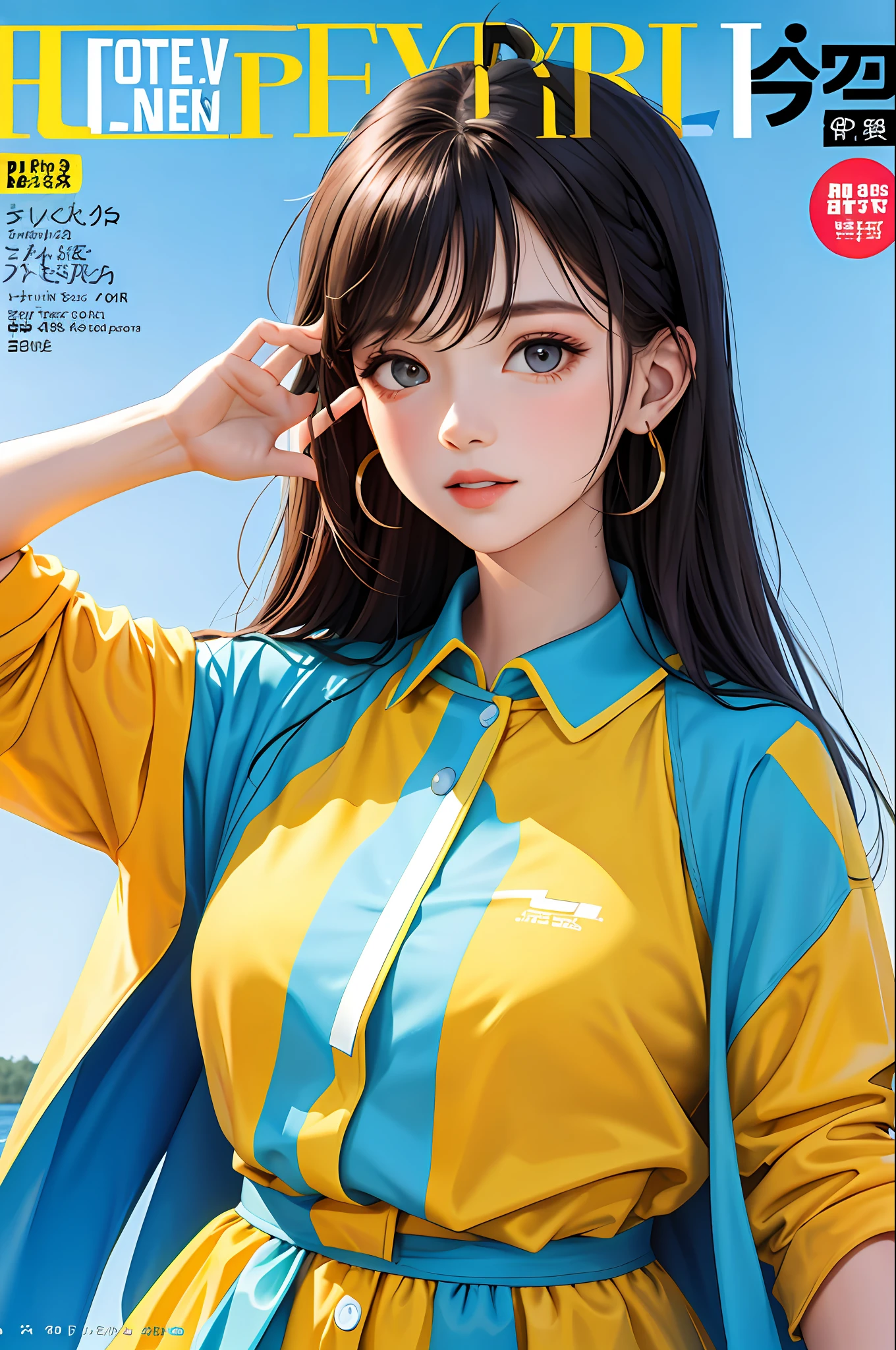 masterpiece, best quality, spring outfit, colorful hair, outdoor, magazine cover ,upper body,