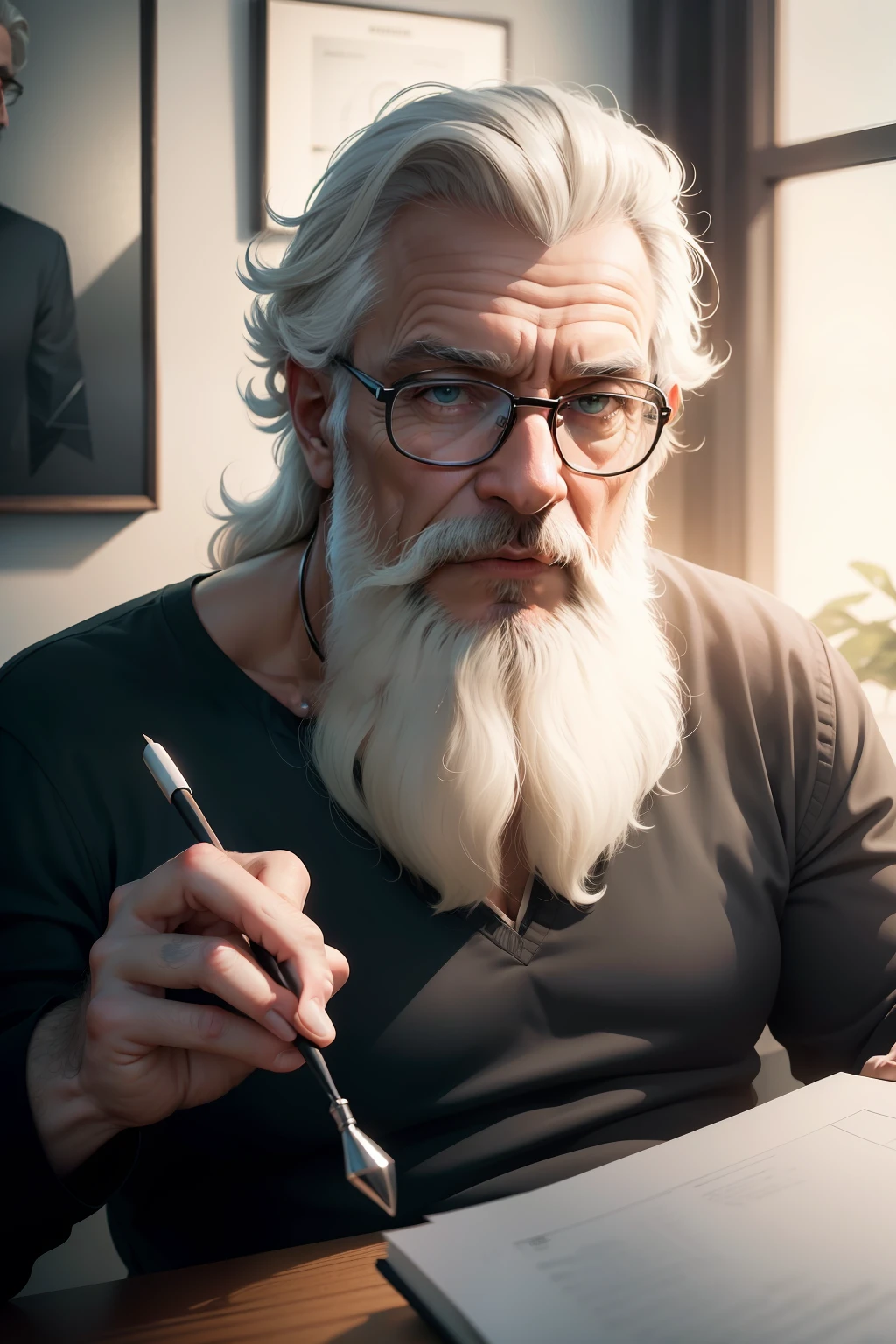 Desenho, ultra realista, 8k, extremamente detalhado, na melhor qualidade, um homem, looking 60 years old, mago, com barba branca, and glasses, em uma sala, sentado em uma mesa, em cima da mesa uma vela acesa.