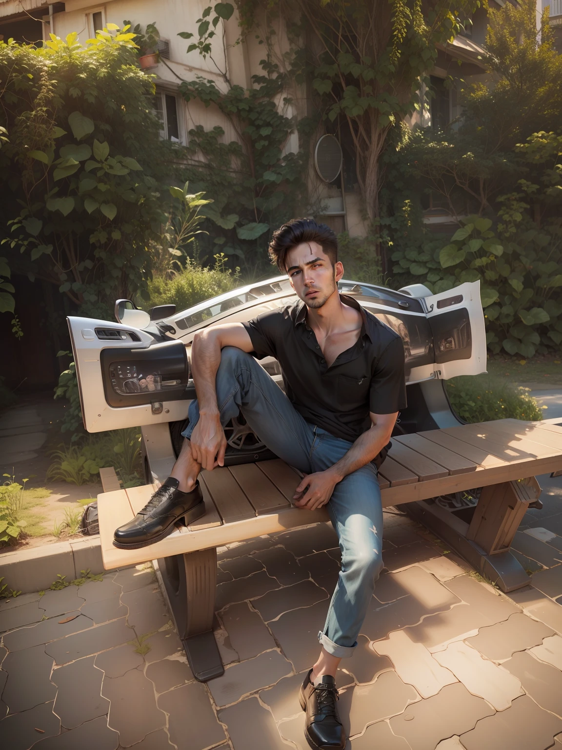 Change background, realistic photo, handsome ,black shirt ,sitting in car