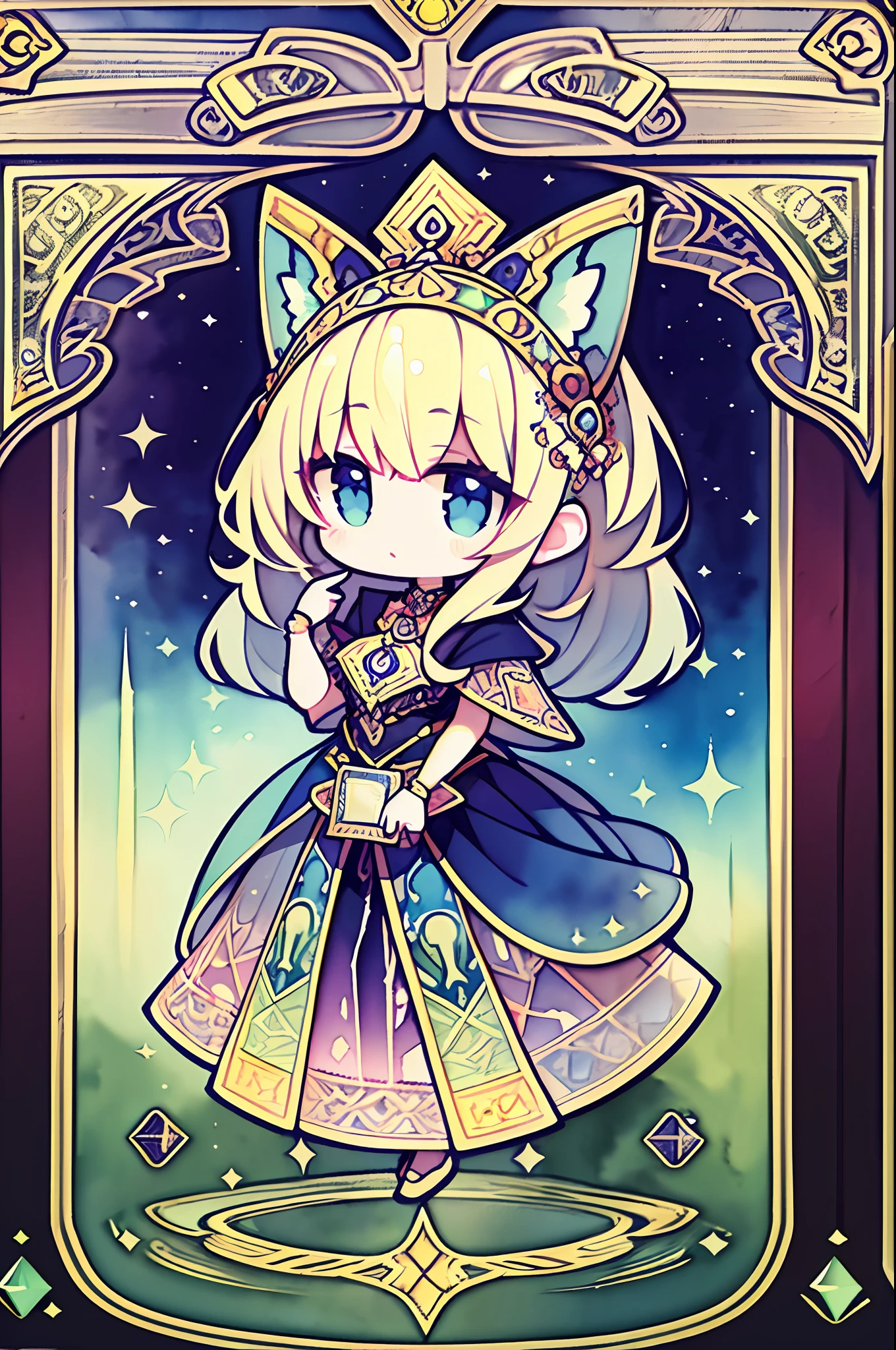 Chibi、(masterpiece、top-quality、Extreme details、highest details、Official Character Art、beauty and aesthetic:1.2)、 (Tarot card style:1.3)、Watercolor painting、Crystal Sorcerer