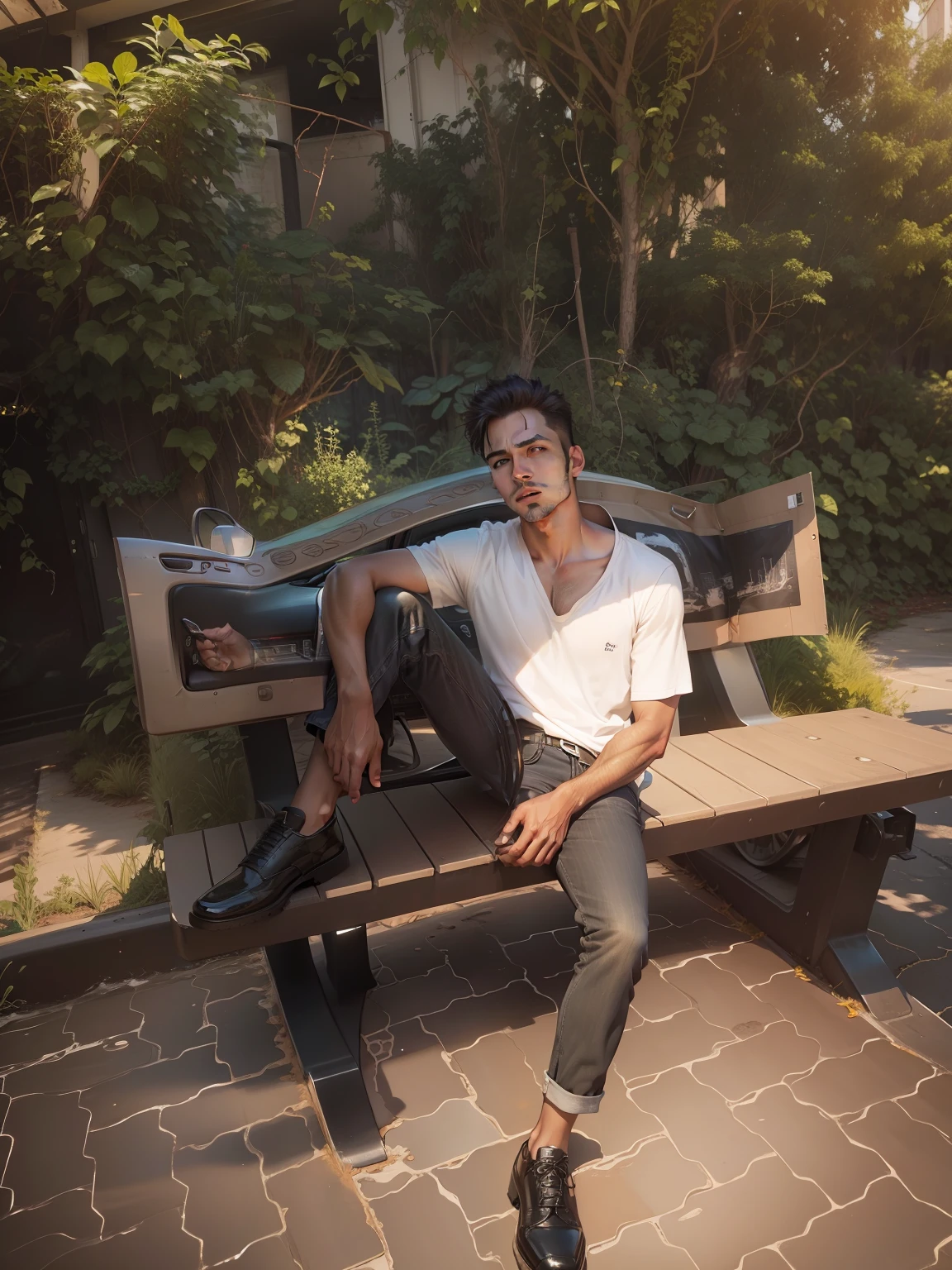 Change background, realistic photo, handsome ,black shirt ,sitting in car