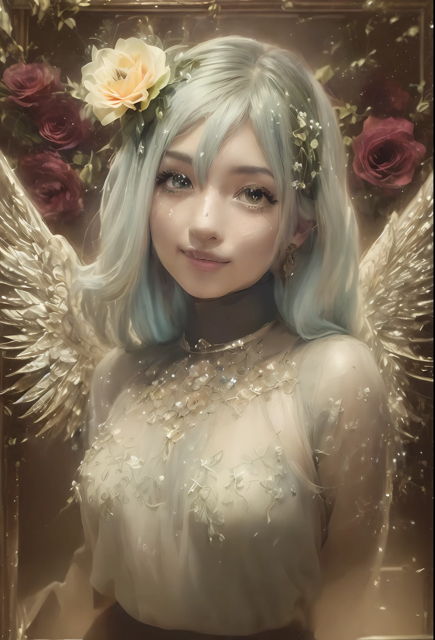 (Angel wings、😇、a smile、😌🥰Archaic Smile).hyper realstic、Ultra-realistic、Depiction of the human body without distortion、Monna Lisa、Woman in the Arms、Near and far law、Three-dimensional、Contemporary painting、moderno、world masterpiece、collection、Homage to the art or artist work of Picasso and Renoir, Not sentimental、Excellent portrayal、Gentle expression、More detailed character faces, Serious competition、Compositions like paintings、(Konmutsuki_Gacha_Series 1, punk_rosette), Realistic、Delicate brushwork、aqua color flowers, (Full body, elegant flowers background)